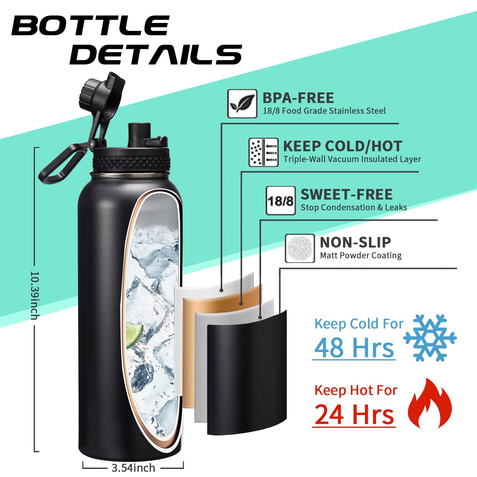 DIGJUPER 40OZ Insulated Water Bottle With Auto Spout Lids  Straw Lids  Paracord Handle for Sport  Protective Cup Mat  BPA-Free Reusable Insulated Water Bottle - Black Water Jug with Straw