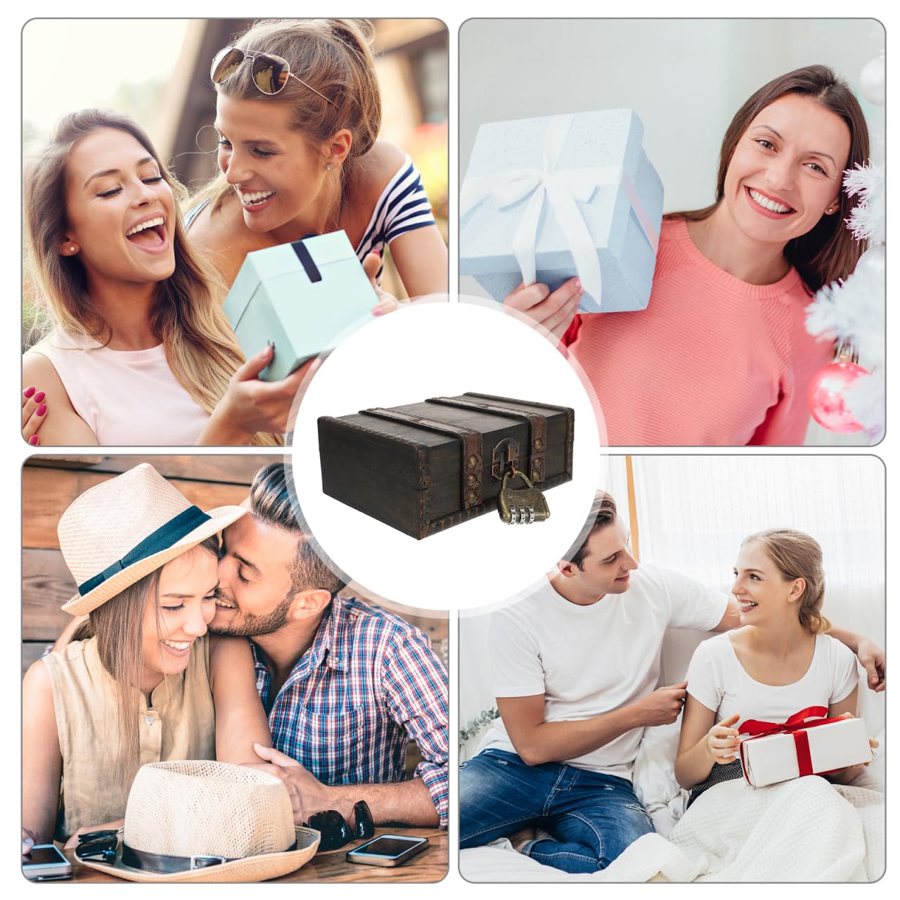 Veemoon Wooden Treasure Chest Box with Lock, Retro Pirate Jewelry Box Antique Cosmetic Storage Case Portable Chest with Hinged L