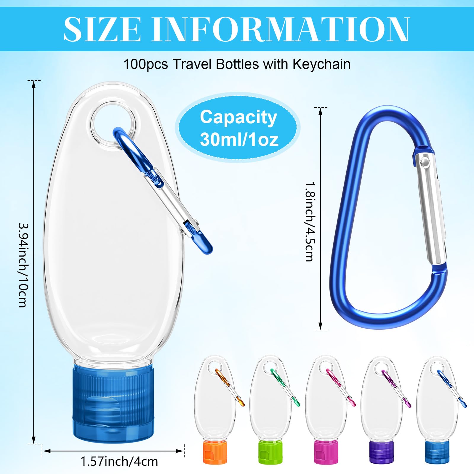 Yalikop 100 Pcs Traveling Bottles with Keychain 1oz Clear Plastic Keychain Bottle Leakproof Refillable Keyring Container Liquid