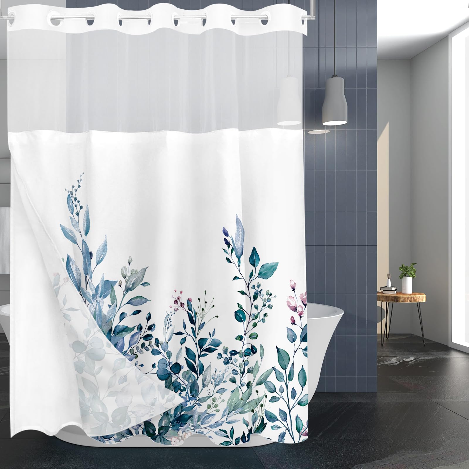 Tititex No Hooks Snap In Liner Blue Eucalyptus Leaves Shower Curtain Sets, Hotel Luxury Double Layers Waterproof Fabric & See-Th