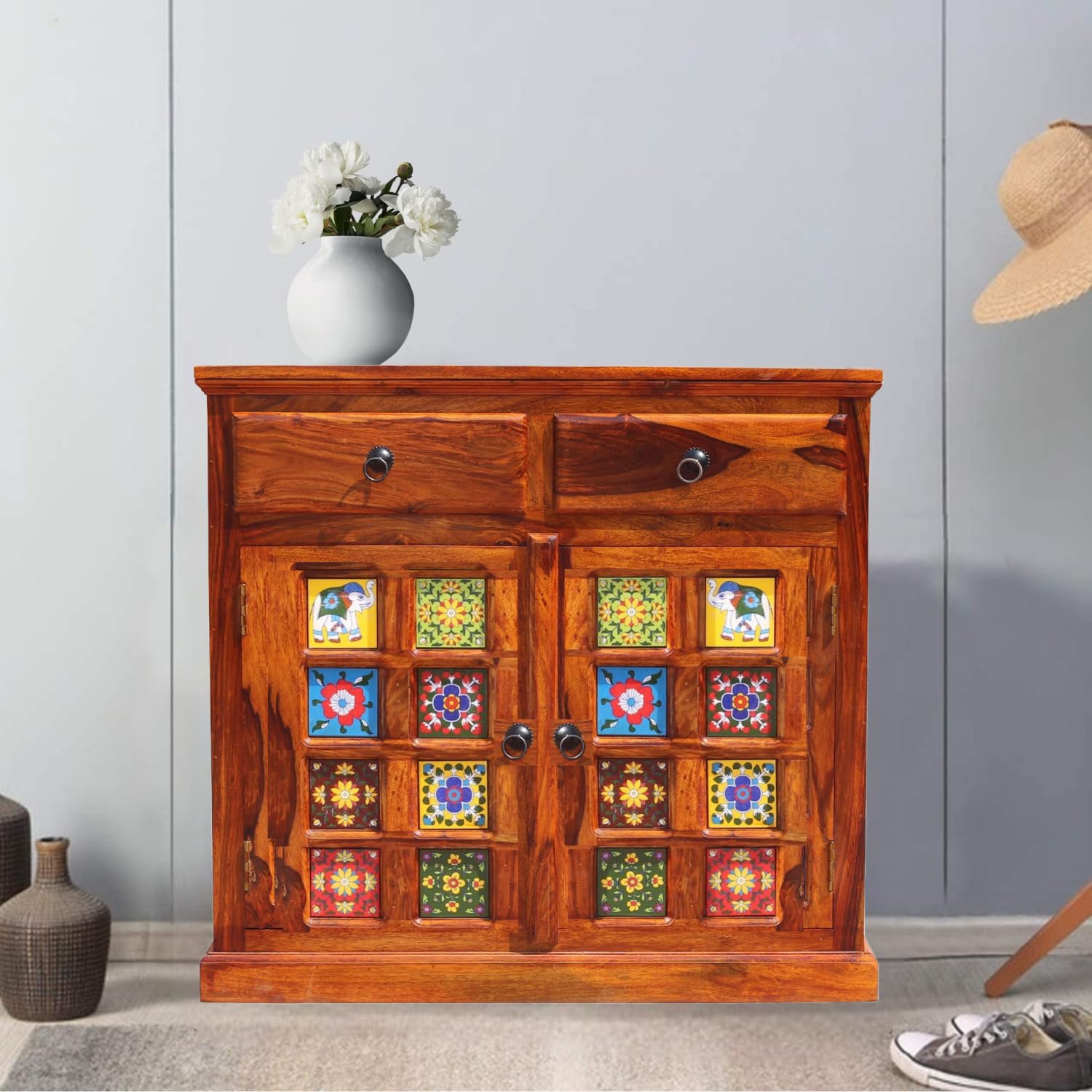 Sona Art & Crafts Tile Solid Sheesham Wood Sideboard Cabinet Storage Organizer With 2 Door & 2 Drawer Cabinet For Home Kitchen L
