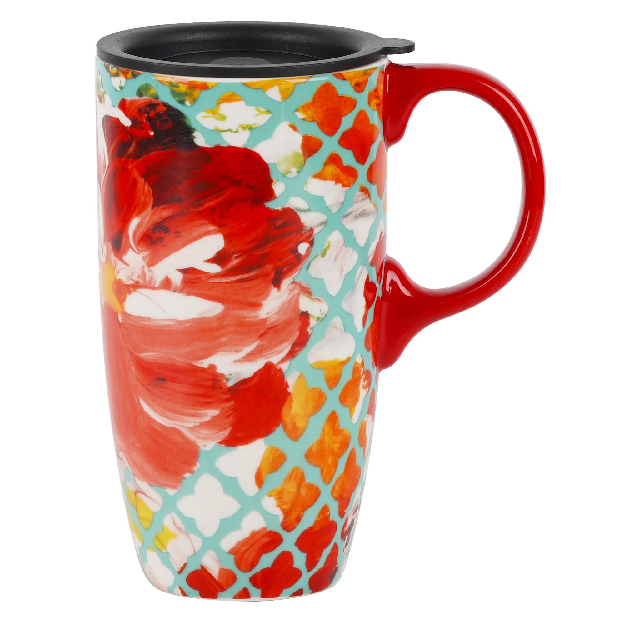 Topadorn Ceramic Coffee Mug Travel Cup Gift With Lid 17Oz., Porcelain Tall Tea Cup With Handle For Home & Office, Red Flower Art