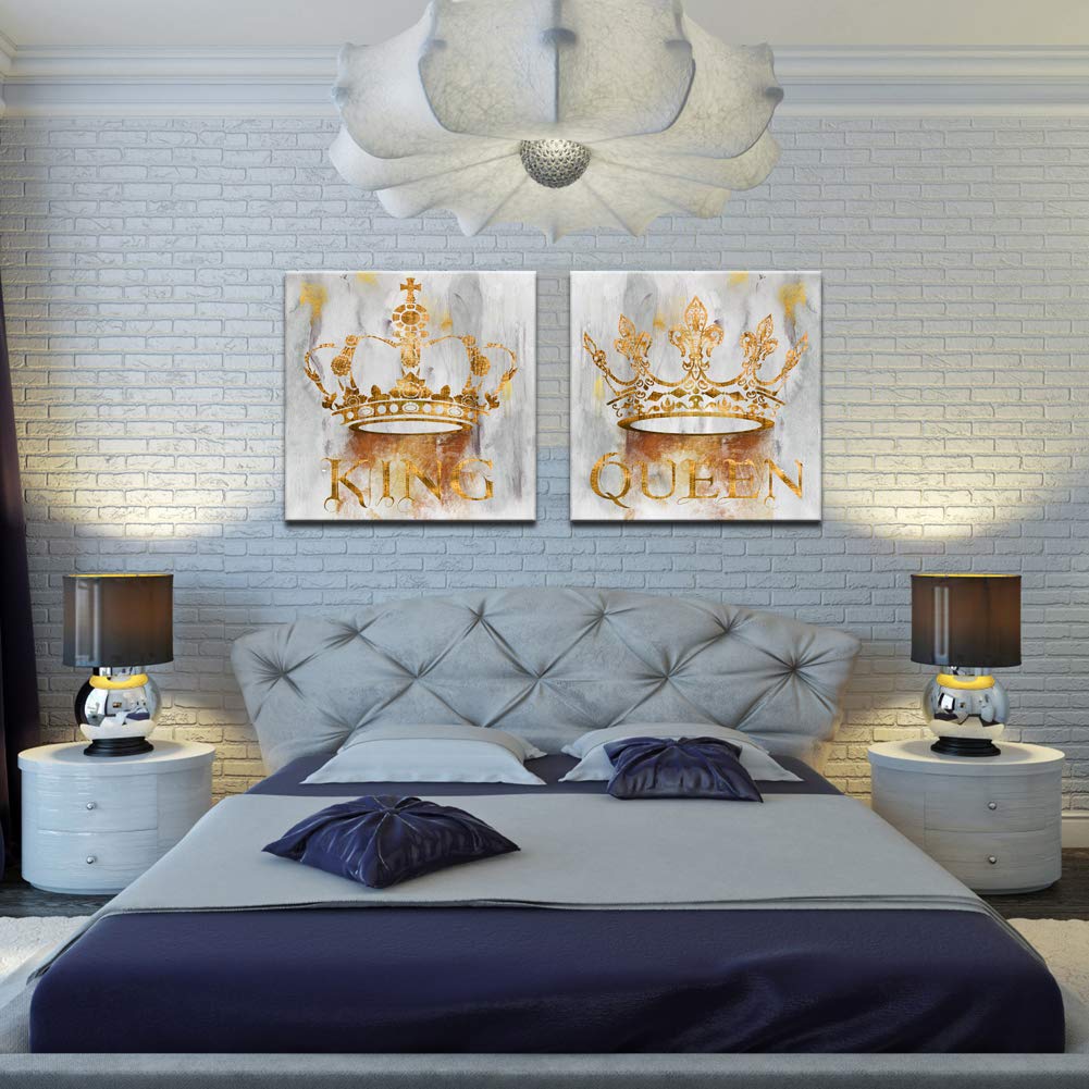 Sechars King And Queen Canvas Wall Art Crown Painting Prints Gold And Grey Bedroom Decoration Couples Annivesary Wedding Gifts 2