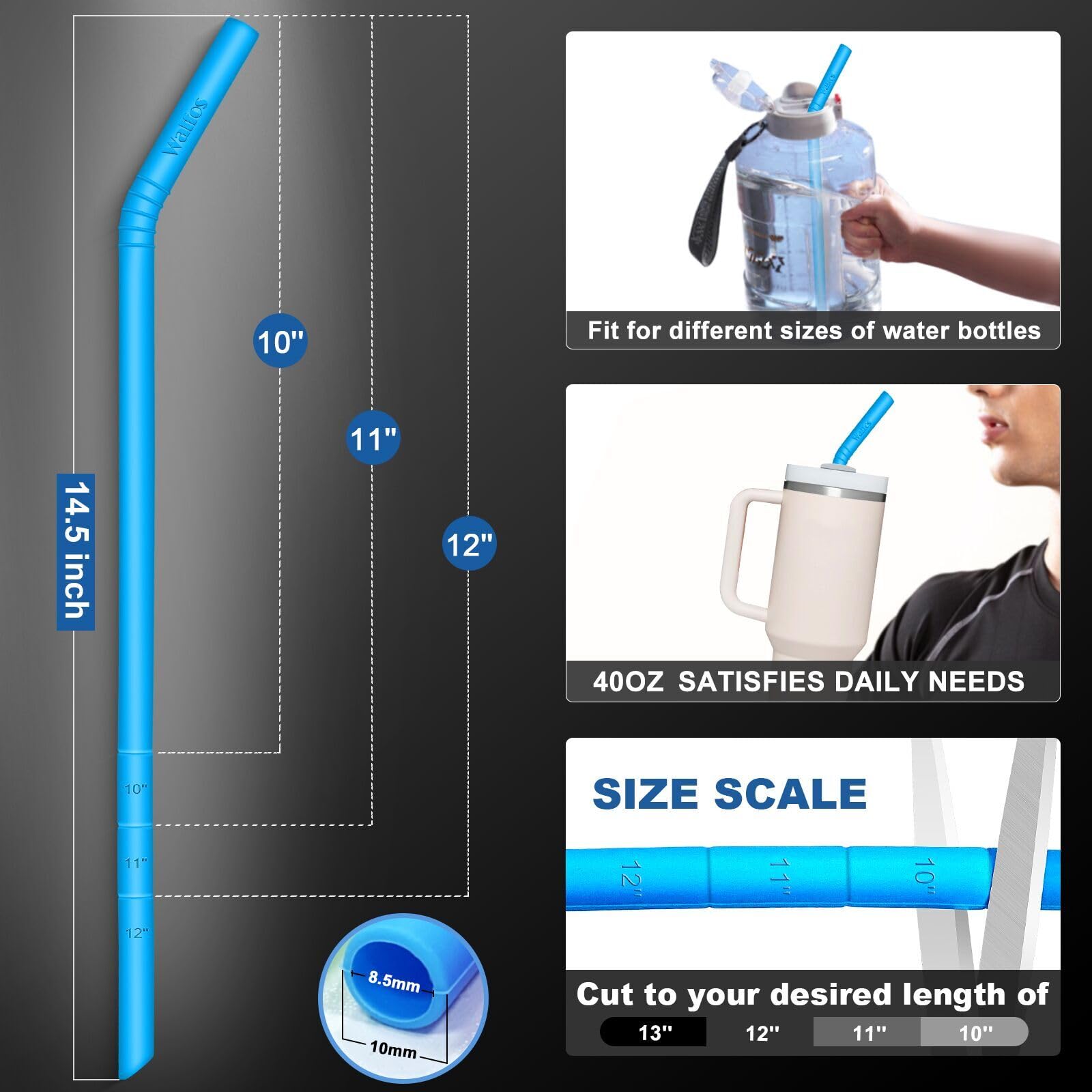 Walfos 14.5 Inch Extra Long Reusable Silicone Straws, Big Sizes Flexible Bendable Straws For 1/Half Gallon Large Water Bottles,