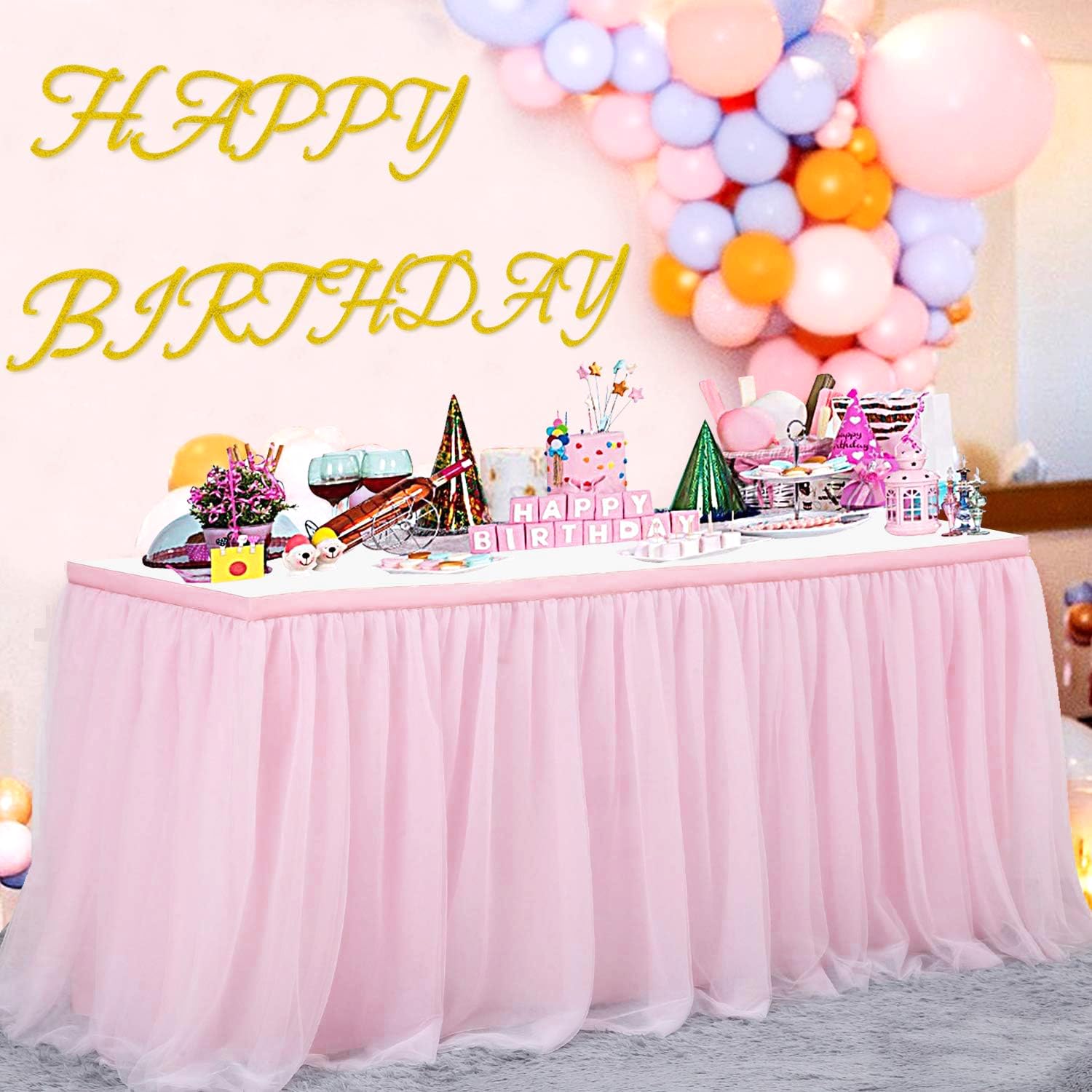 108in Baby Pink Tulle Table Skirts for Rectangle Tables 6ft 8ft 4ft, 2-Layer 9 ft Long Gold Grim Princess Pink Ruffle Tulle Tutu