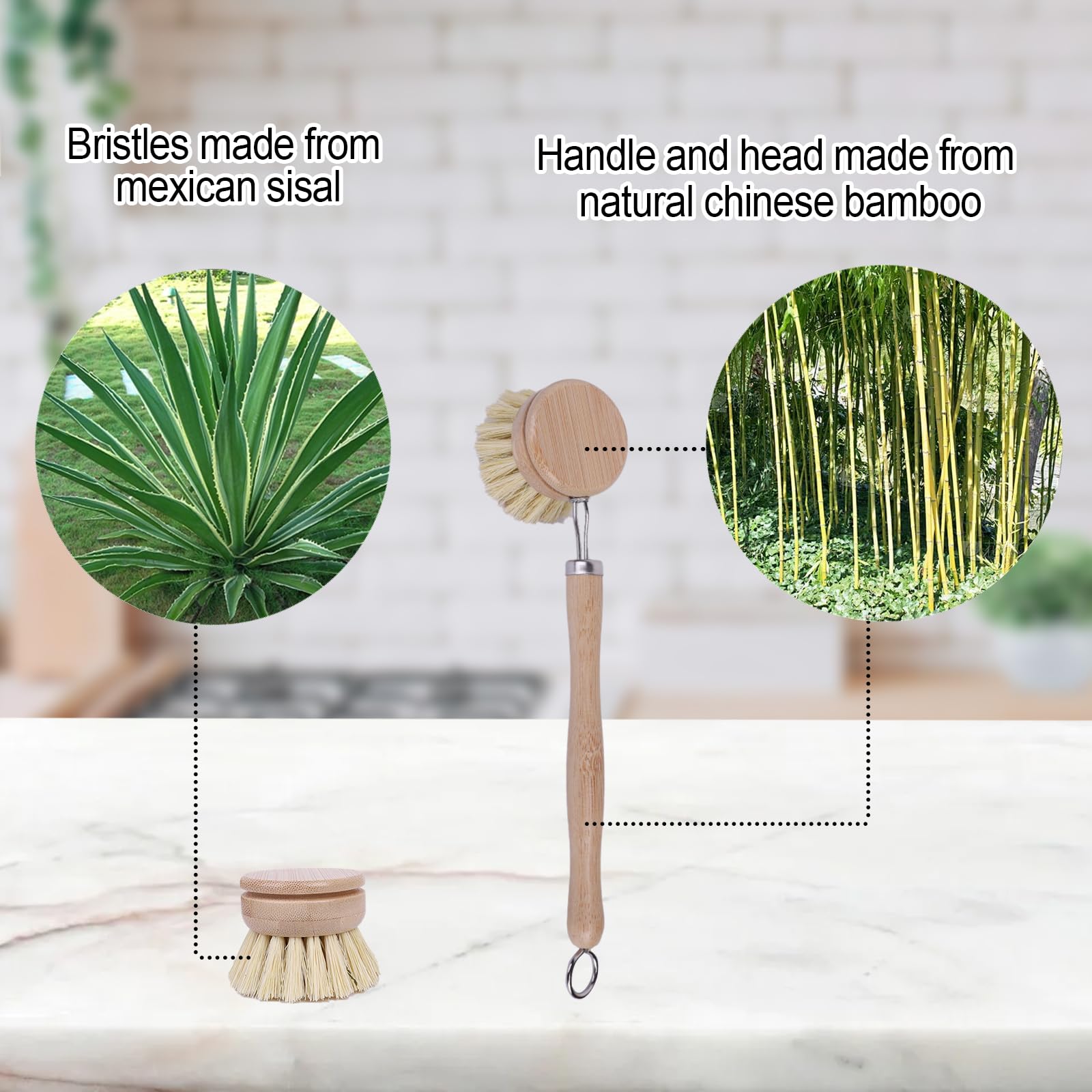 Bamboo Dish Brush With Handle 4 Replacement Heads Eco Soft Sisal Dish Scrub Brush Vegetable Brush Dish Scrubber Brush Dishwashin