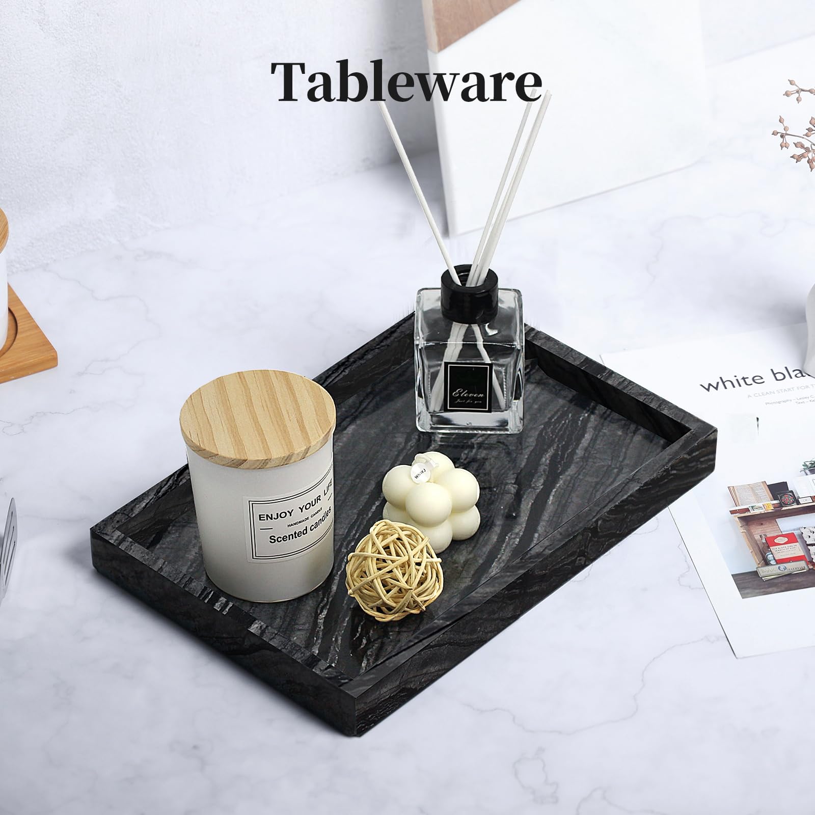 Ymxyjm 100% Natural Marble Tray For Bathroom, Genuine Ancient Wood Grain Marble Vanity Tray, Luxury Stone Trays For Dresser, Hom