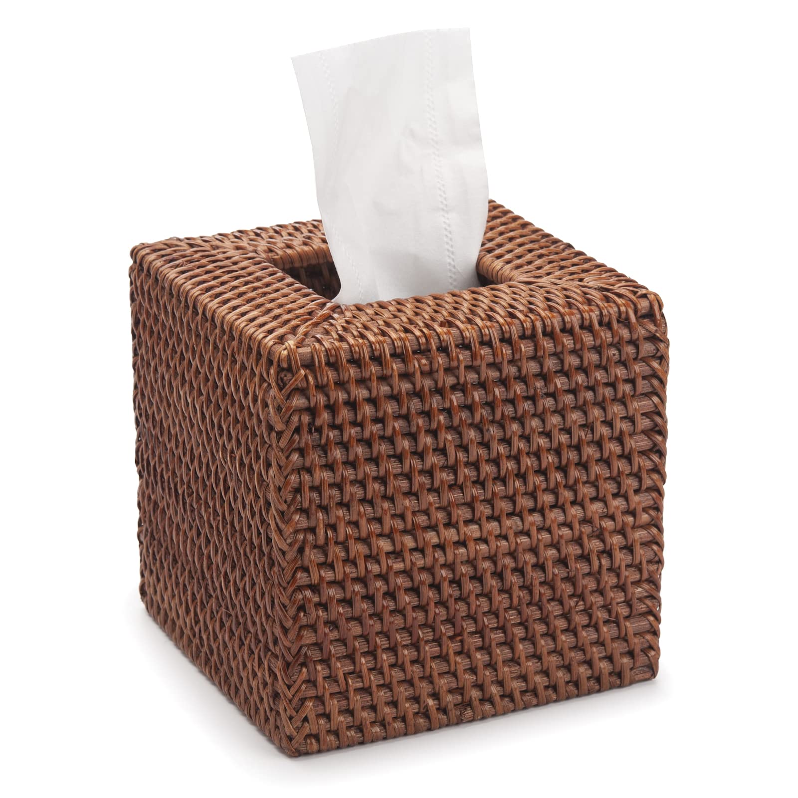 Rattan Tissue Box Cover Natural Woven Facial Napkin Holder Square (Honey Brown, 5.5X5.5X5.9 Inch)