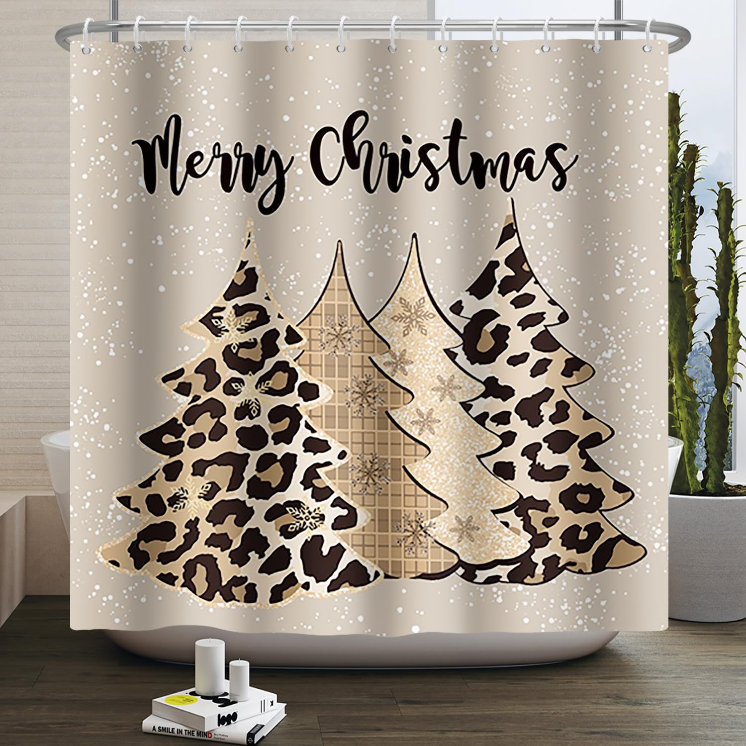 Leowefowa Leopard Christmas Tree Shower Curtain Winter Pine Tree Snowflake Shower Curtain For Holiday Farmhouse Bathtub Bathroom