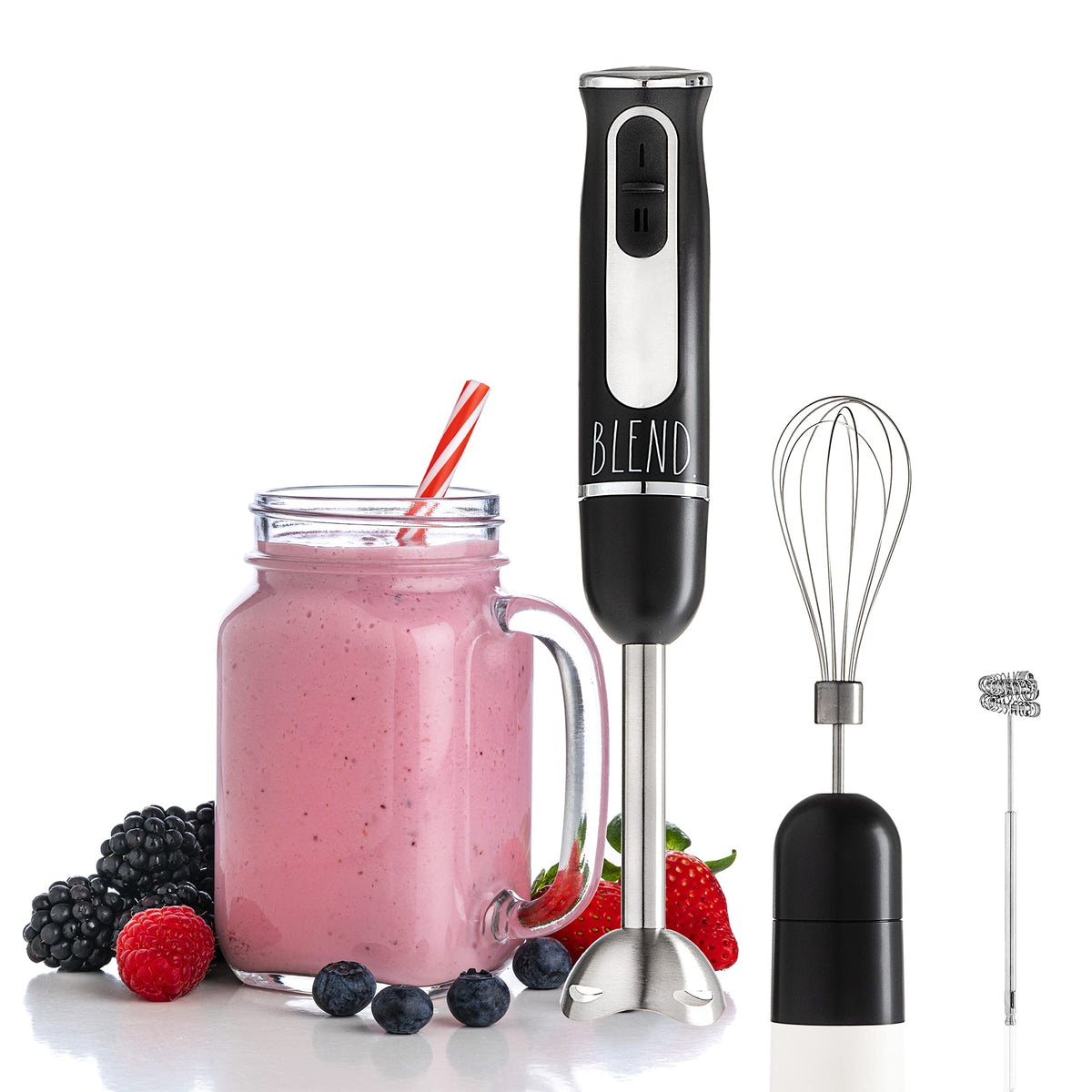 Rae Dunn Immersion Hand Blender- Handheld Immersion Blender With Egg Whisk And Milk Frother, 2 Speed Blender, 500 Watts, Stainle