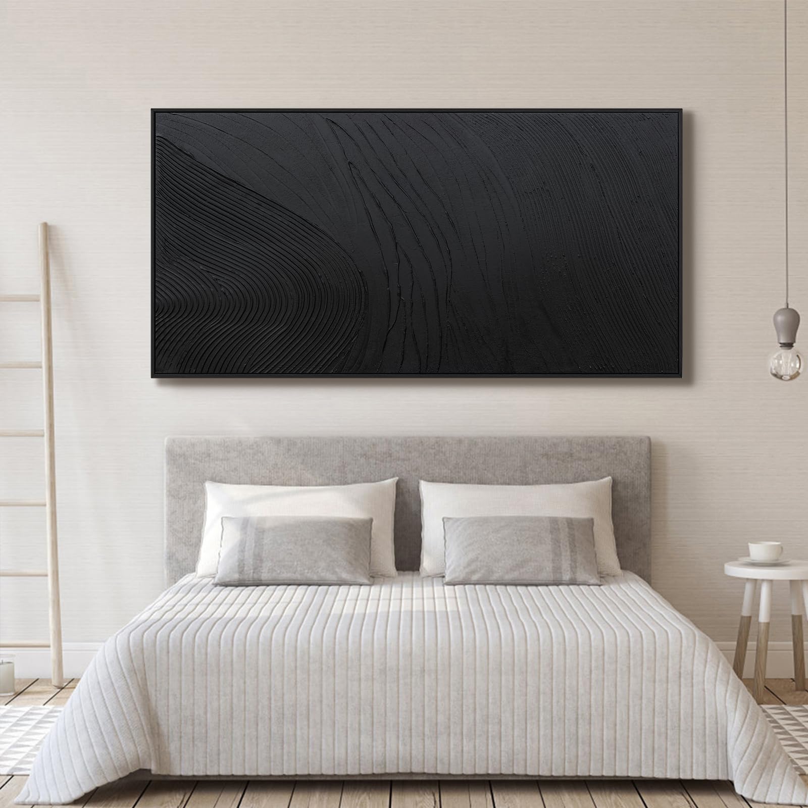 TQJ YILUFA ART Large Abstract Canvas Wall Art, Black, 58"x29", Framed Hand Painted Texture Decor for Living Room, Bedroom, Office