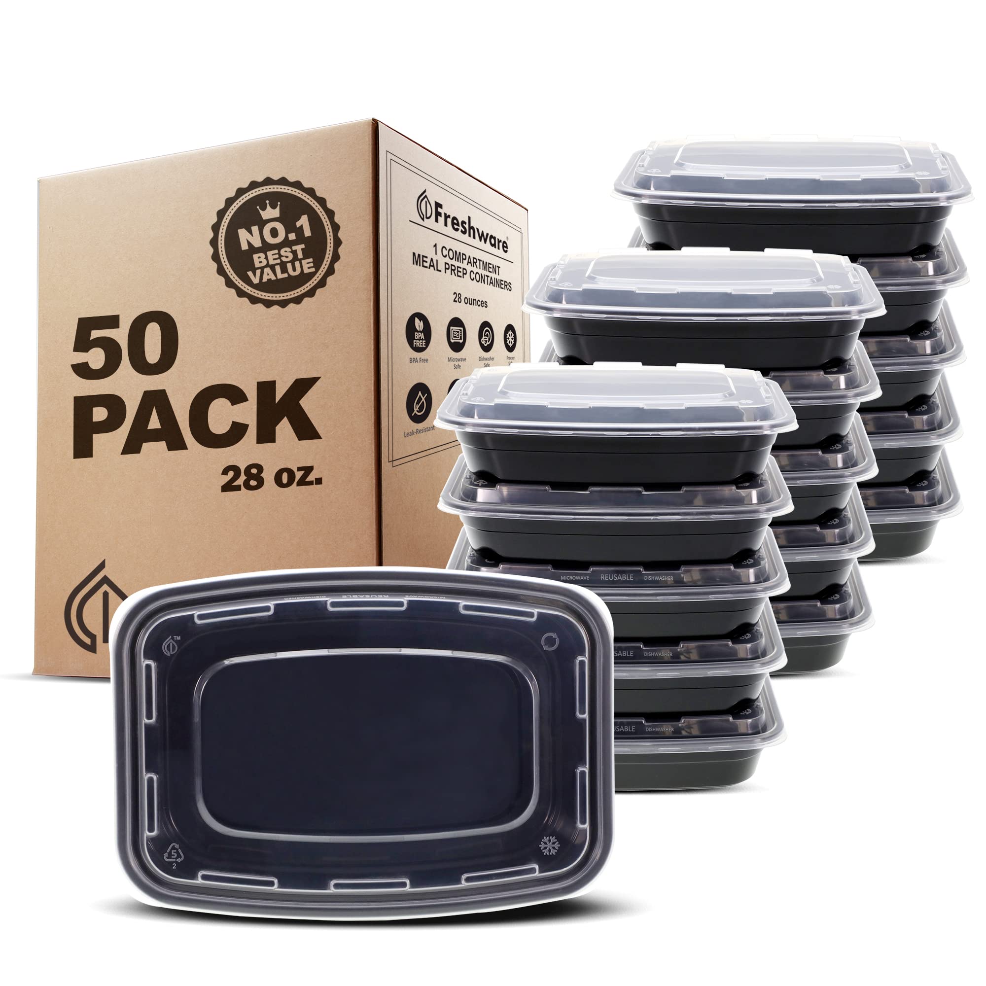 Freshware Meal Prep Containers [50 Pack] 1 Compartment With Lids, Food Storage Containers, Bento Box, Bpa Free, Stackable, Micro