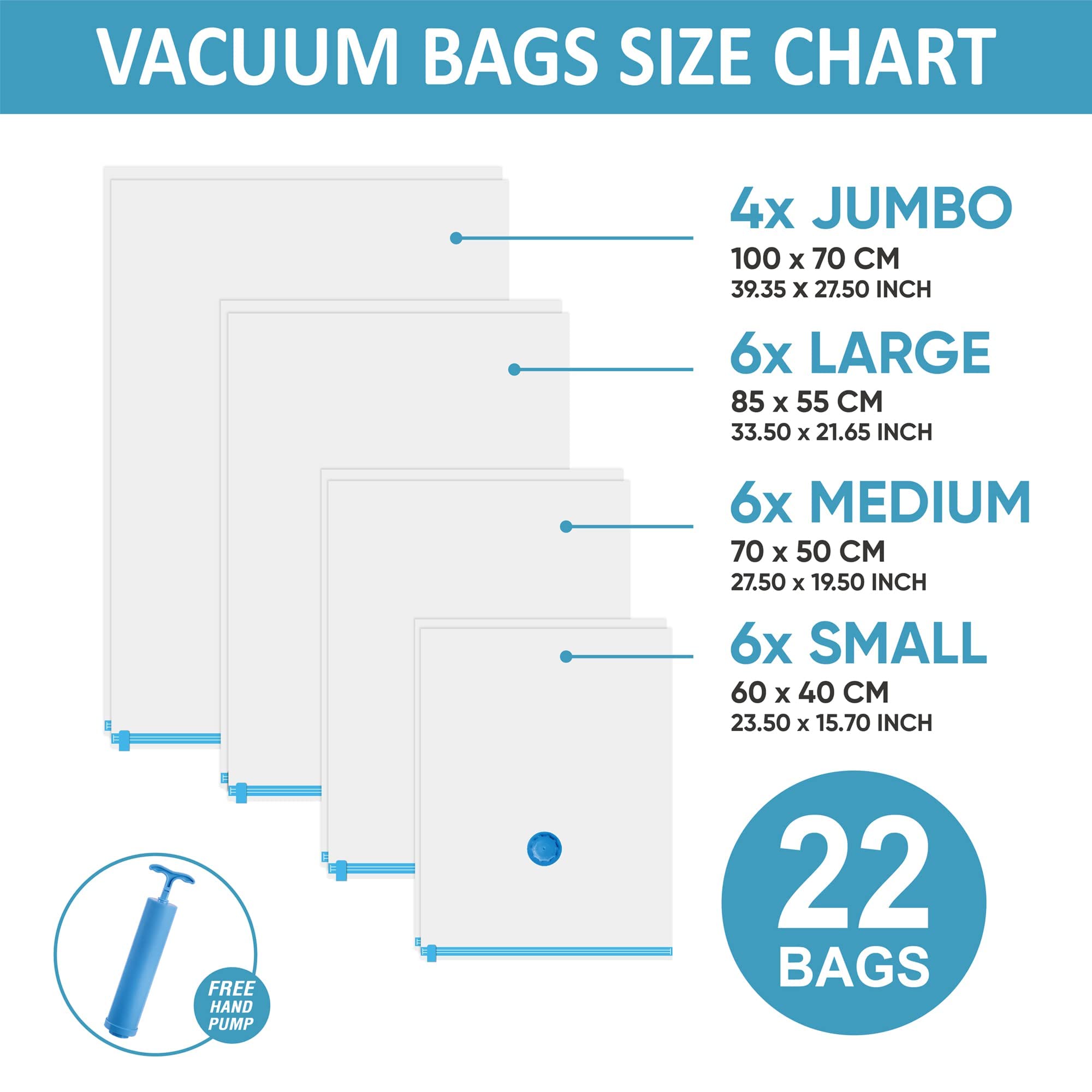 22 Space Saver Vacuum Storage Bags  Vacuum Sealed Storage Bags (4 Jumbo/6 Large/6 Medium/6 Small) with Hand Pump  Vacuum Seal Bags for Clothing  Comforters  Pillows  Towel  Blanket Storage  Bedding