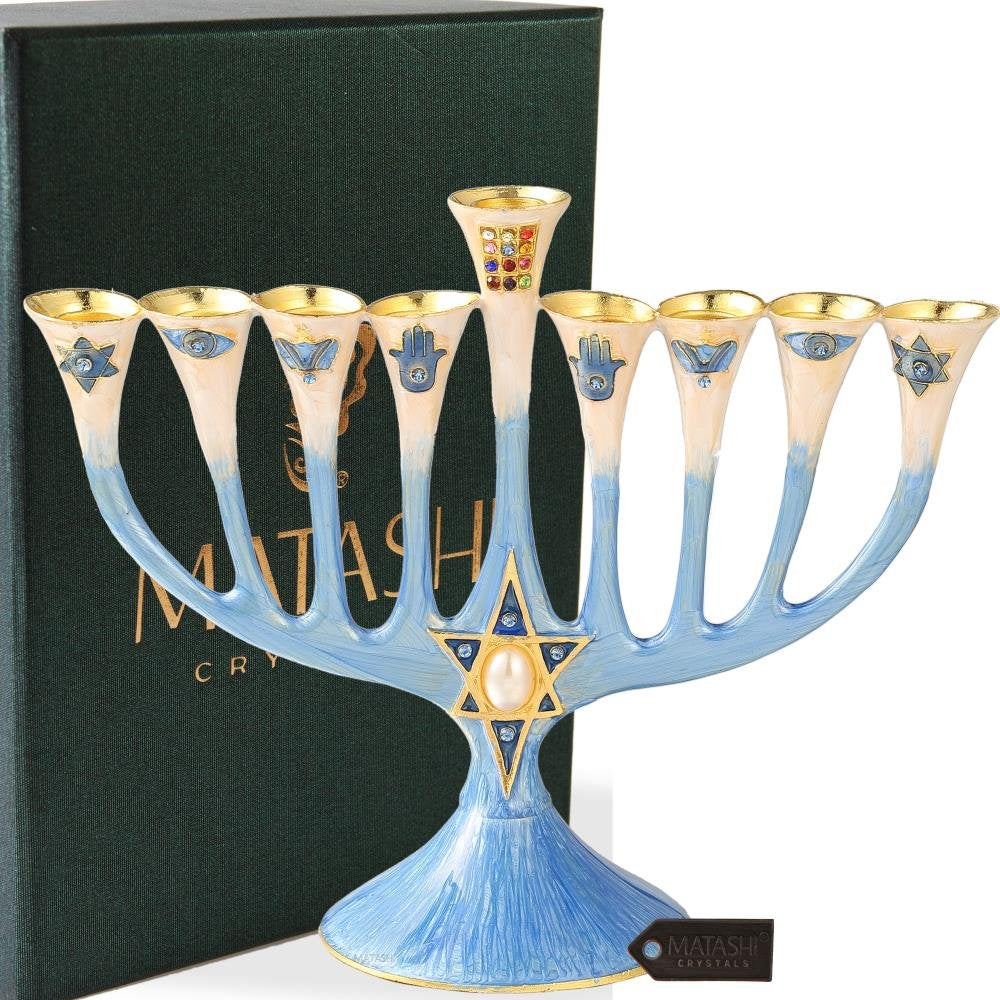 Matashi Hand Painted Enamel Menorah Candelabra Embellished with Gold Accents and Crystals (Classic Blue)