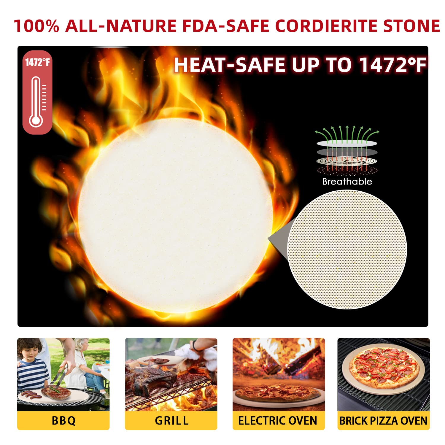 5 Pcs Round Pizza Stone Set, 13'' Pizza Stone For Oven And Grill With Pizza Peel(Oak),Serving Rack, Pizza Cutter & 10Pcs Cooking