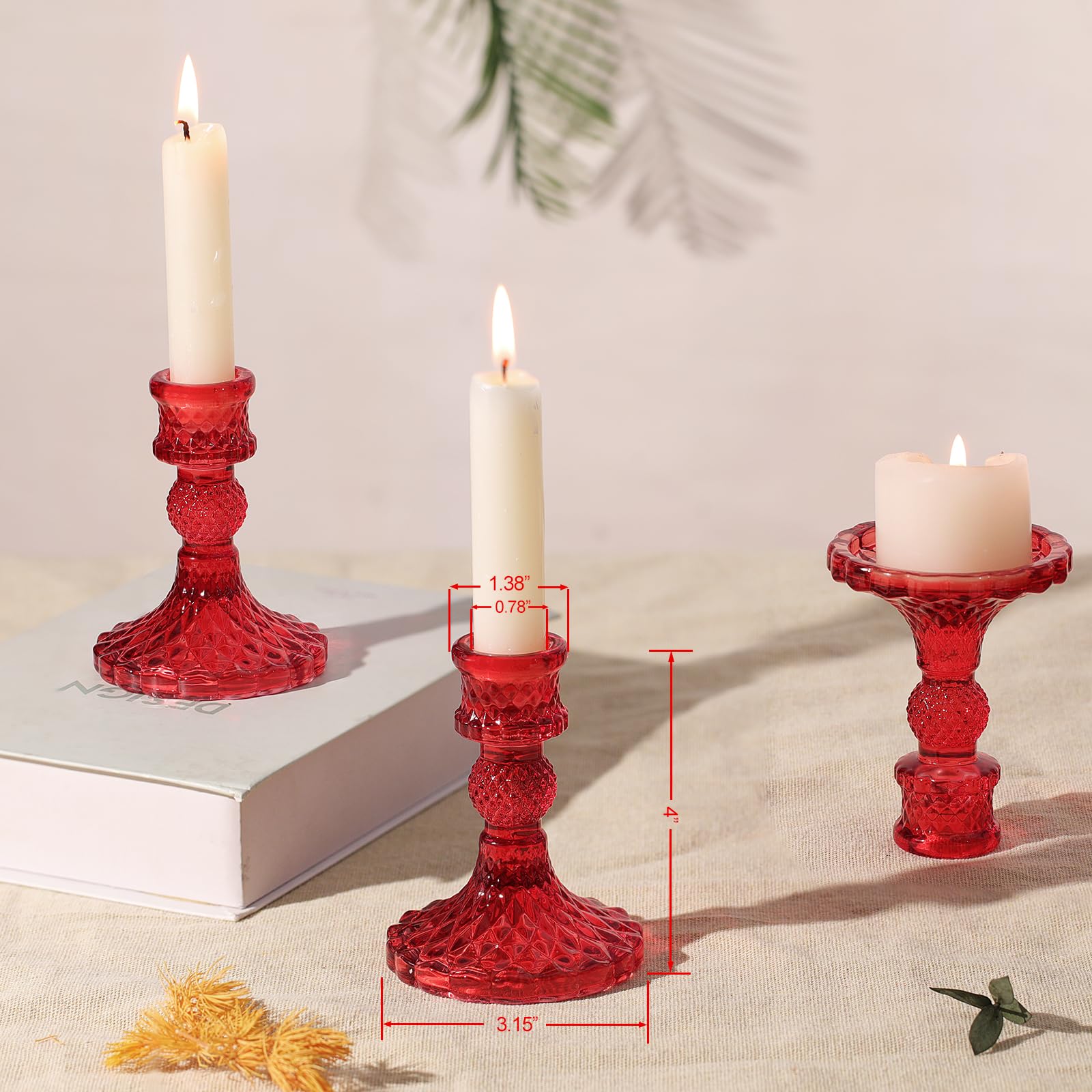 12Pcs Red Candlestick Holders Set- 4 H Taper Candle Holders Bulk, Glass Candle Holders for Activities, Party, Romantic Dinner Ta