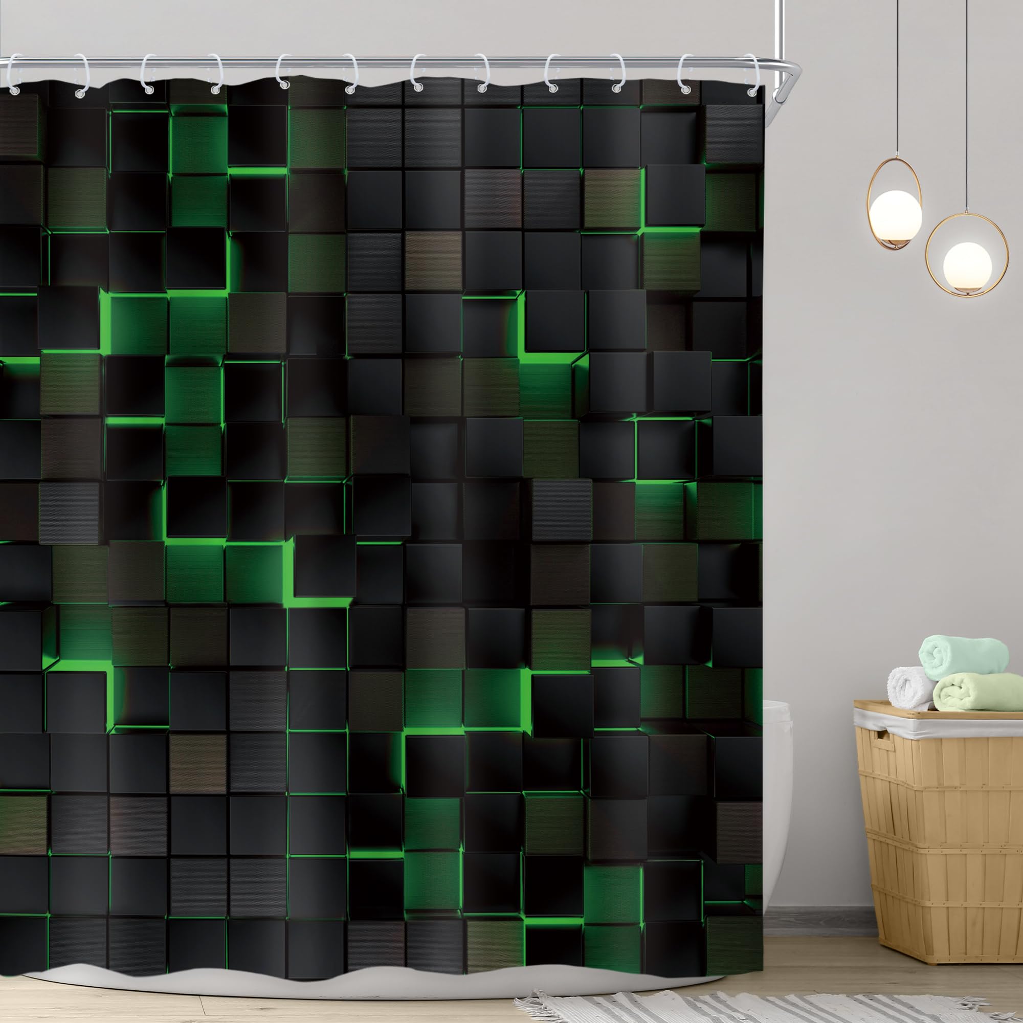 Riyidecor Black Green Shower Curtain 60Wx72H Inch Abstract Wall Brick Modern 3D Gradient Design Futuristic Geometric Plaid Cubes