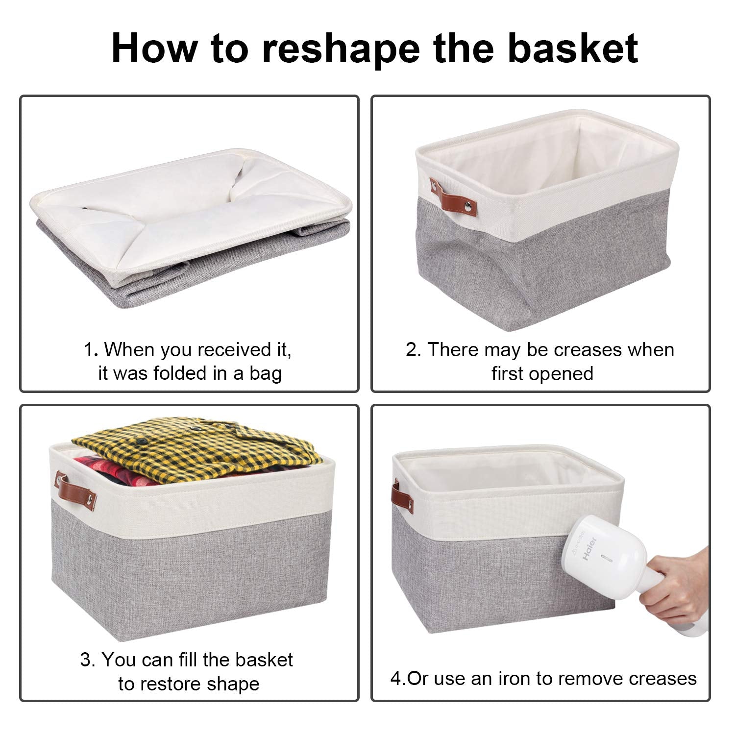 Univivi 15 Inch Large Storage Baskets 4Pc Gray Hard Bottom Foldable Storage Bins With Pu Handles For Shelf Rectangle Fabric Bask