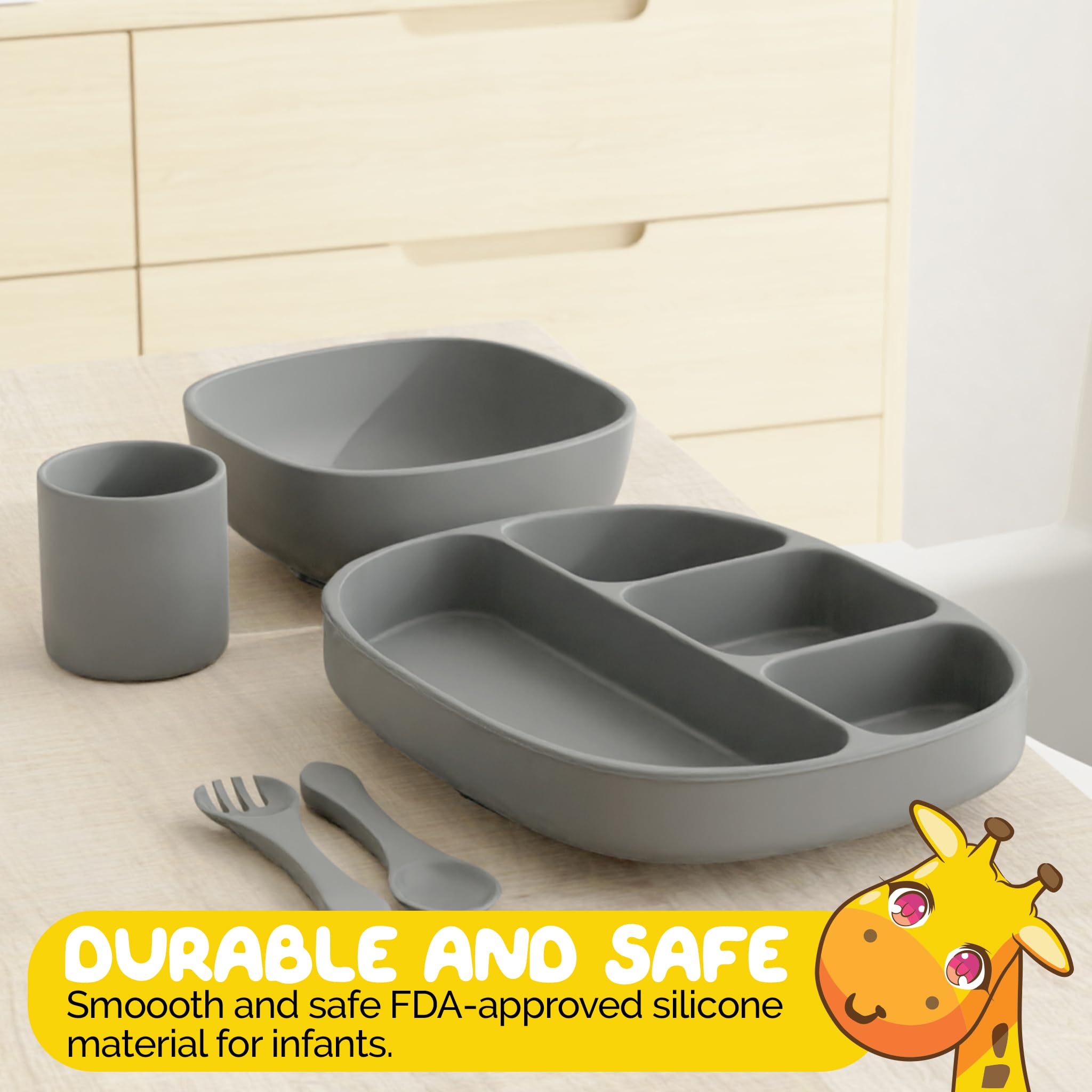 Muqee Peeko Baby Feeding Set, 6 Piece - Pebble Gray - Includes Suction Bowl, Plate, Silicone Bib, Spoon, Fork for Toddlers & Kid