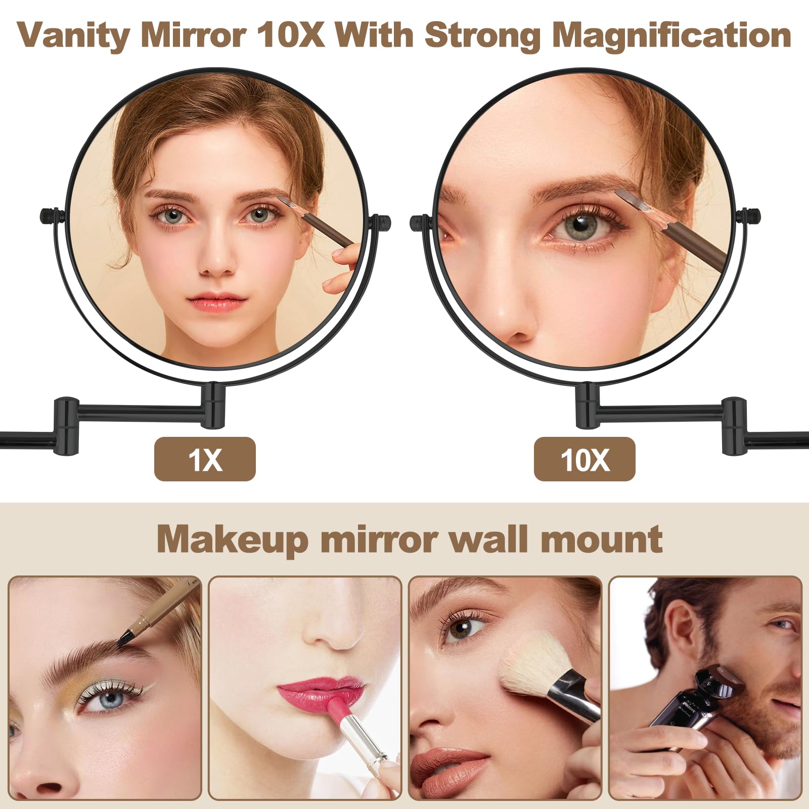 8    Wall Mounted Makeup Mirror with10X Magnification, Double Sided Shaving Mirror Wall Mount for Bathroom, 360 Swivel Extendabl