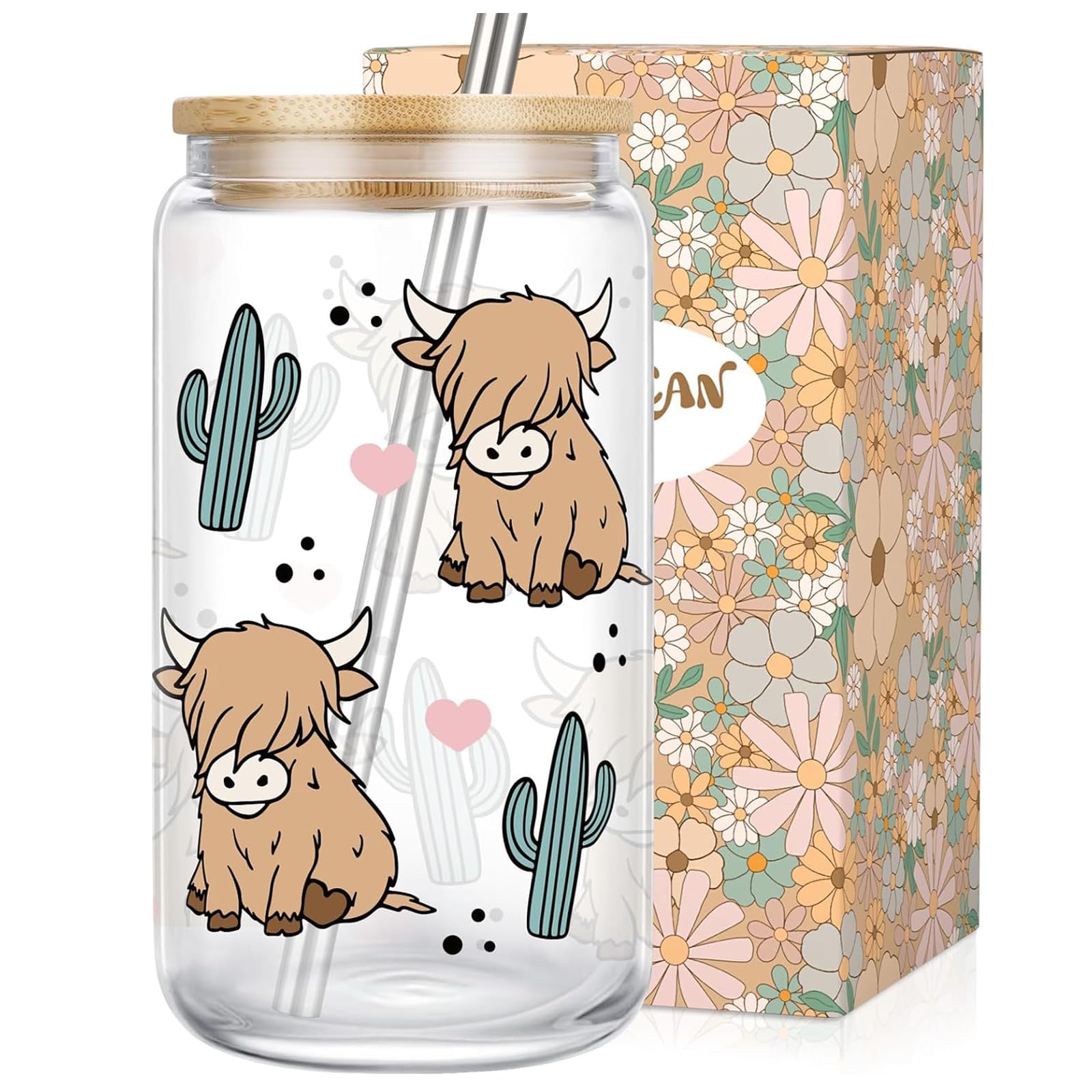 LEADO Highland Cow Cup, Cute Coffee Mug, 16 oz Glass Cups with Lids and Straws - Highland Cow Gifts for Women, Girls, Mom - Moth