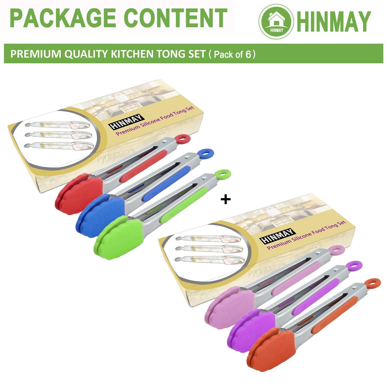 Hinmay Small Silicone Tongs 7-Inch Mini Serving Tongs, Set Of 3 (Mint Pink Yellow)