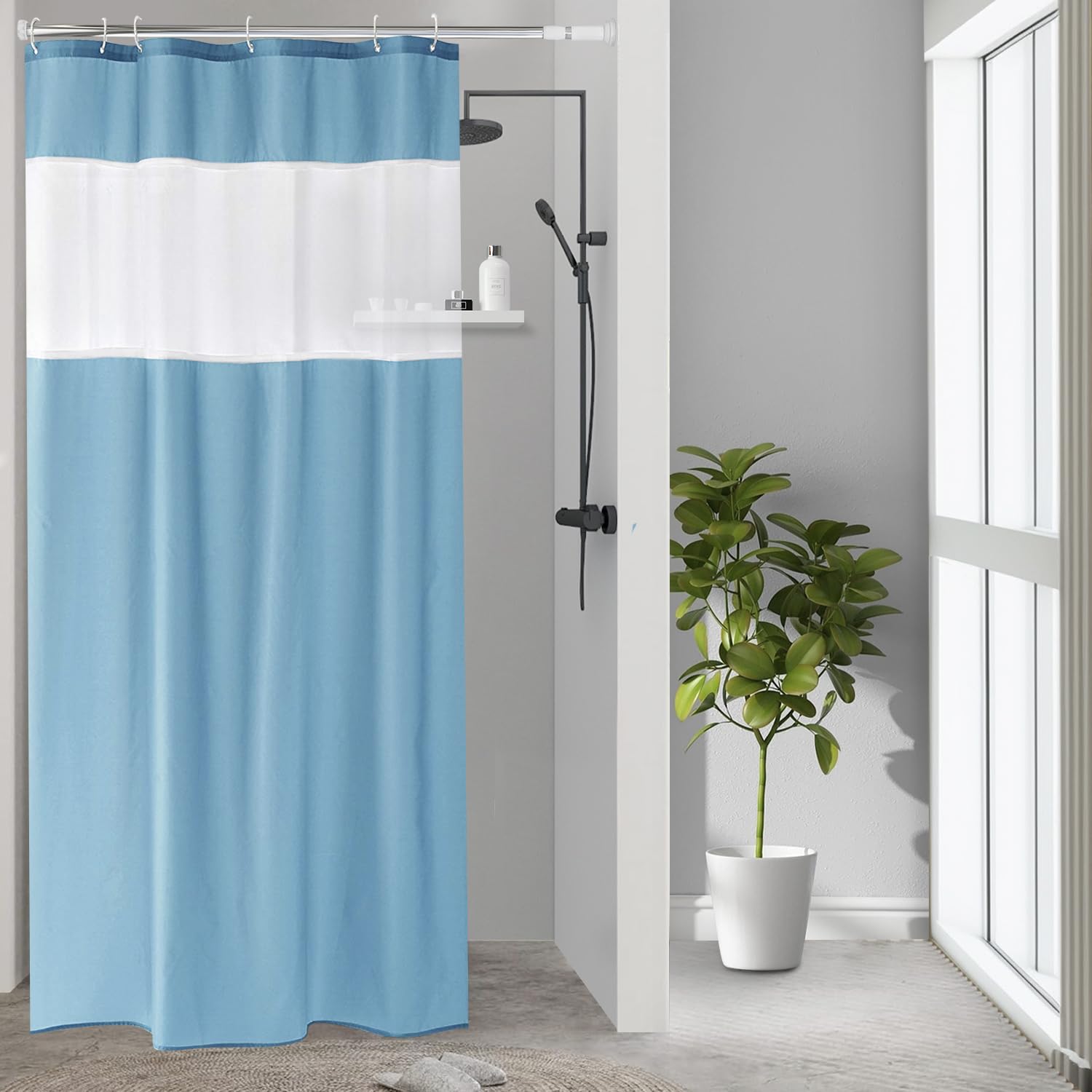 UFRIDAY 36x72 Inch Stall Shower Curtain with Mesh Window Soft Fabric Solid Bathroom Curtain with Hooks  Weighted Hem  Heavy Duty  Water Repellent  Light Blue