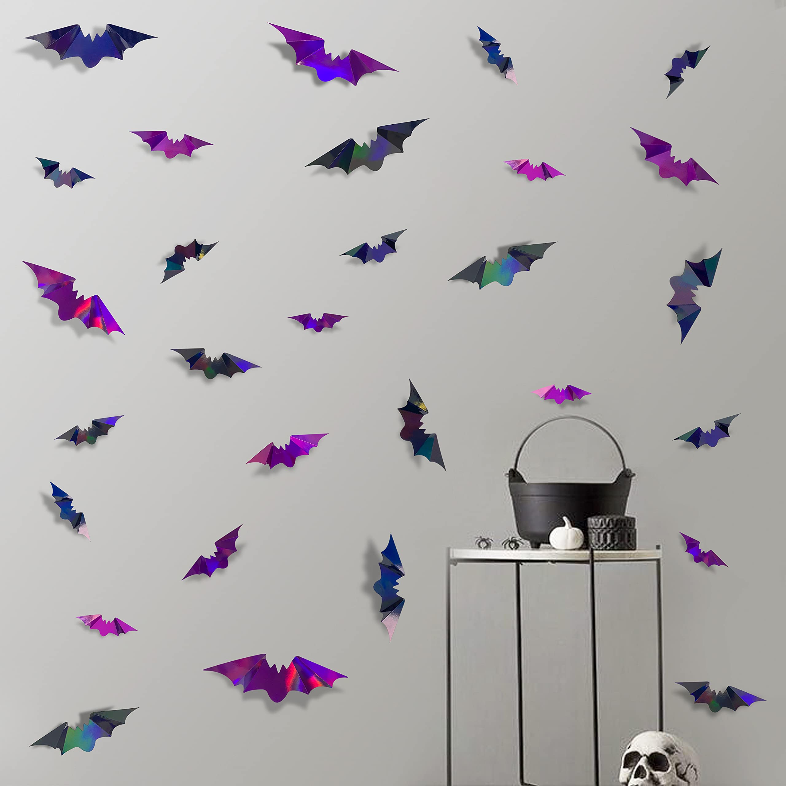 72Pcs Bats Halloween Decoration Iridescent 3D Bats Wall Decor Black Purple Holographic Paper Decorative Bat Wall Art Decals Stic