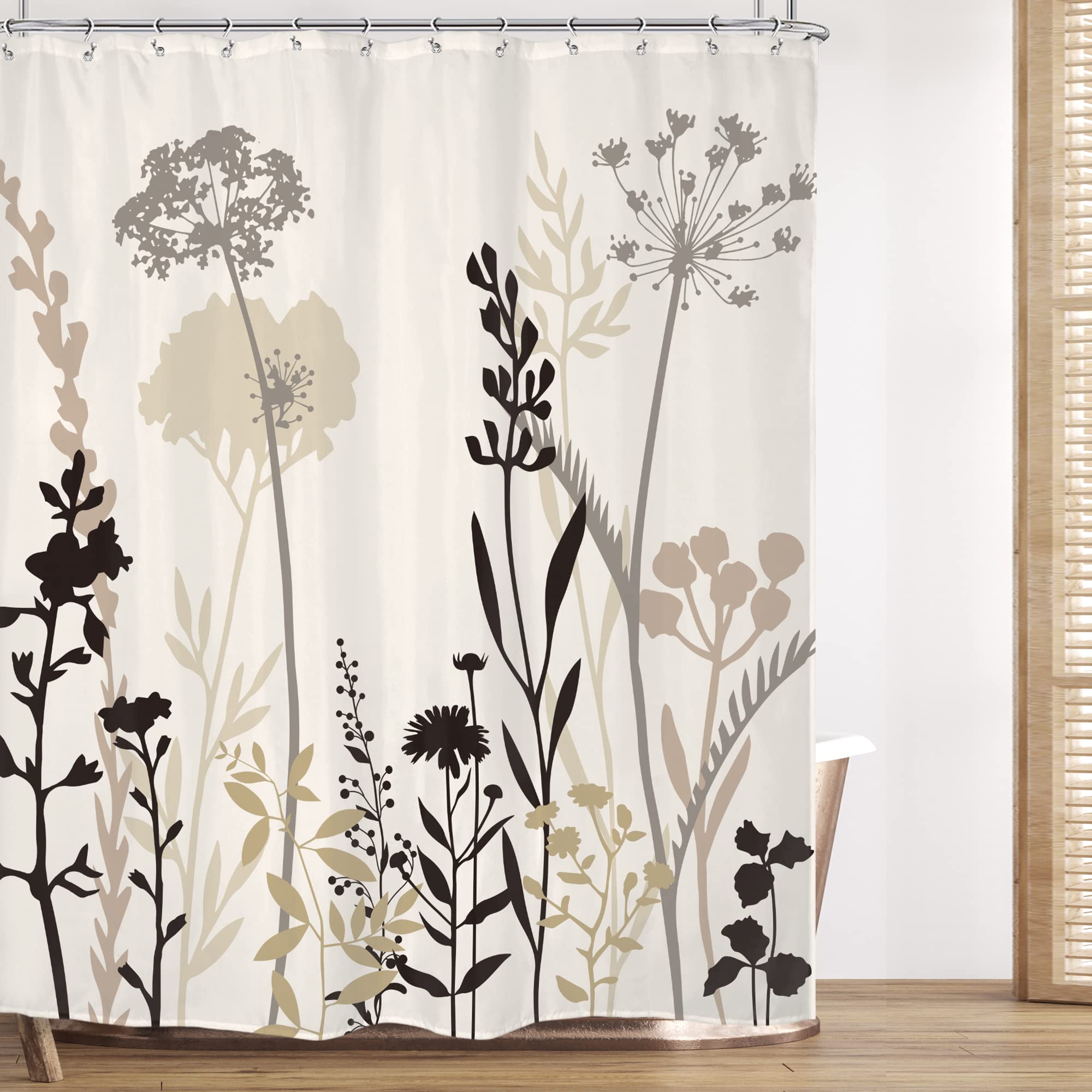 Omifly Beige Shower Curtain Cream Floral 60X72 Taupe Brown Silhouette Flower Rustic Boho Wildfloral Leaves Plants Botanical Vint