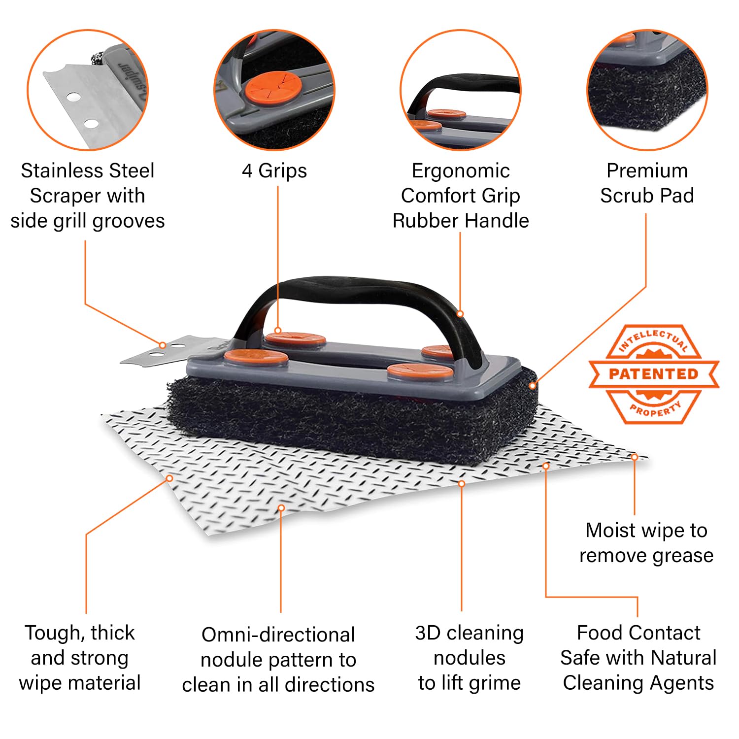 Q-Swiper Bbq Grill Cleaner Set - 1 Grill Brush With Scraper And 25 Bbq Grill Cleaning Wipes | No Bristles & Wire Free | Safe Way