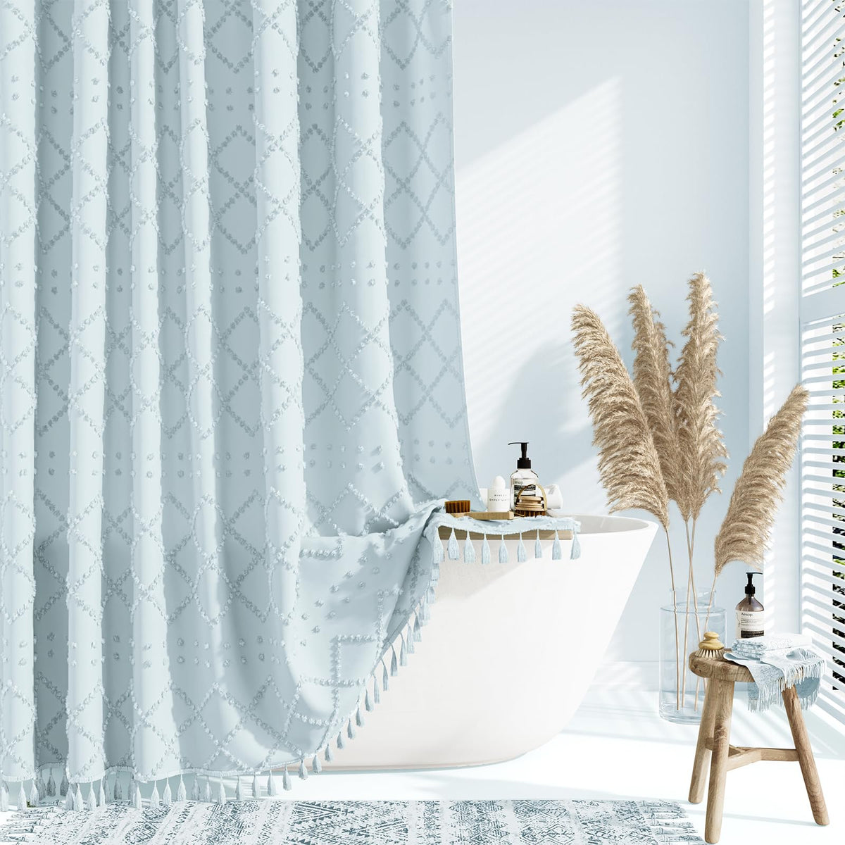 Dynamene Fog Blue Fabric Shower Curtain, Boho Tufted Geometric Striped Tassel Shower Curtain For Bathroom, Shabby Chic Textured