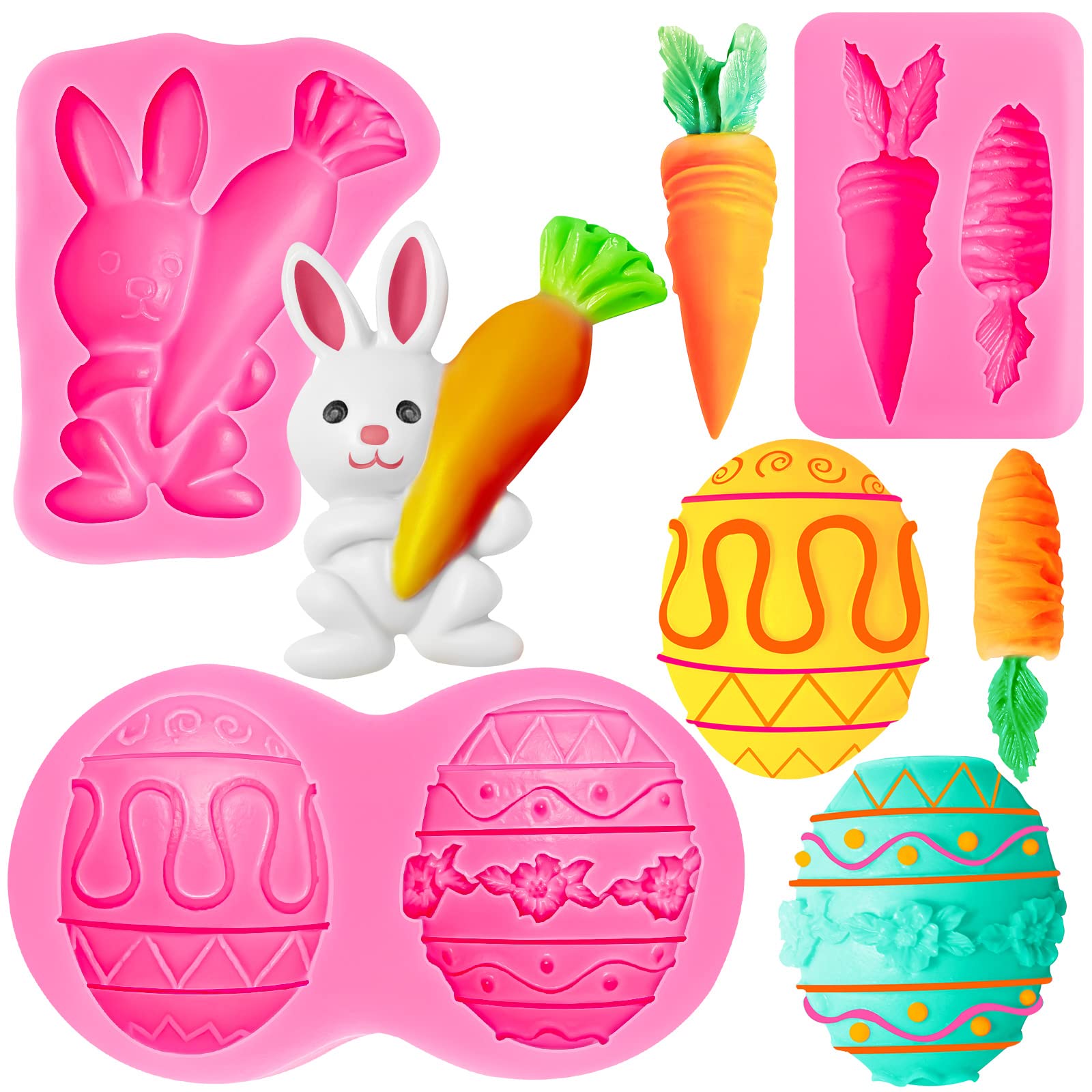 3 Pcs Easter Fondant Silicone Mold, Egg Bunny Rabbit Ears Carrot Chocolate Candy Mold, Diy Baking Tools For Baking Wedding Party