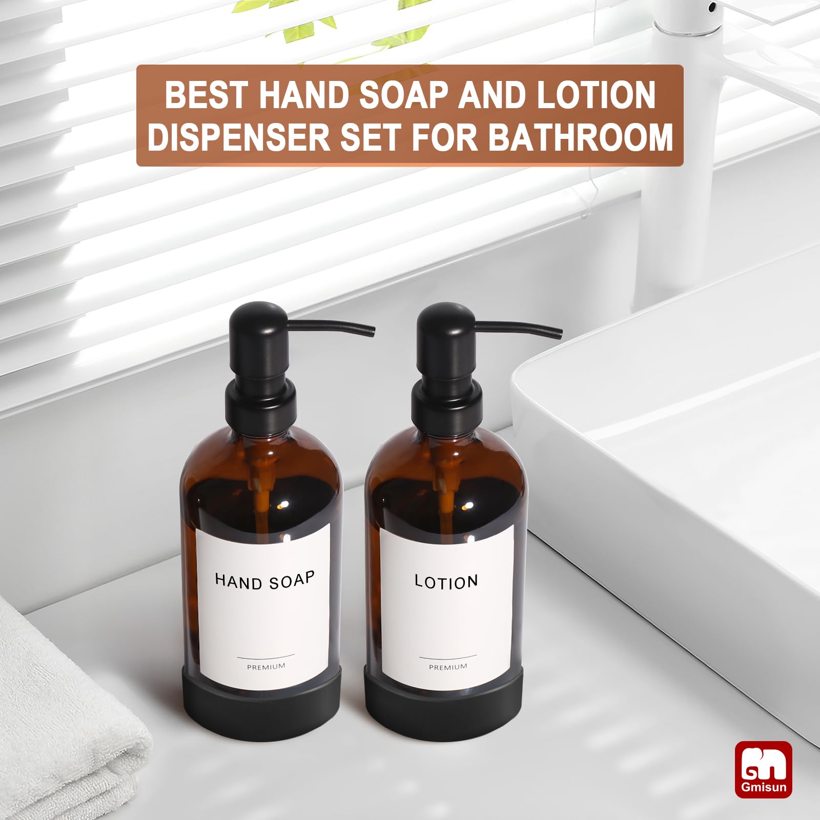 Gmisun Amber Glass Soap Dispenser With Silicone Sleeve, 2 Pack Bathroom Hand Soap Dispenser With Stainless Steel Pump, 16Oz Kitc