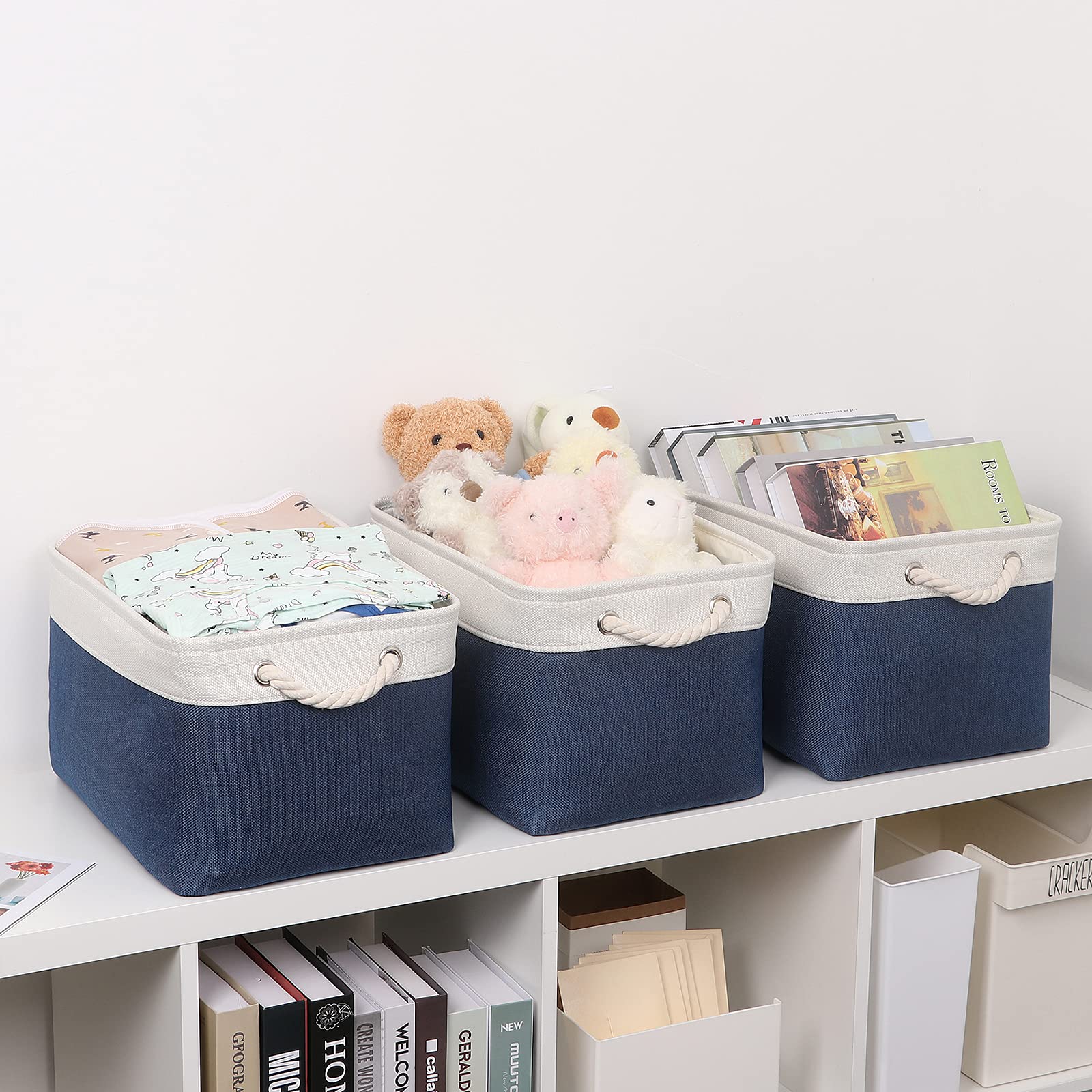 Bidtakay Storage Baskets Collapsible [3-Pack] Decorative Storage Bins with Cotton Rope Handles 15 X 11 X 9.5 Inch Organizing Baskets for Shelves Clothes Closet Navy Blue Baskets for Gifts Empty