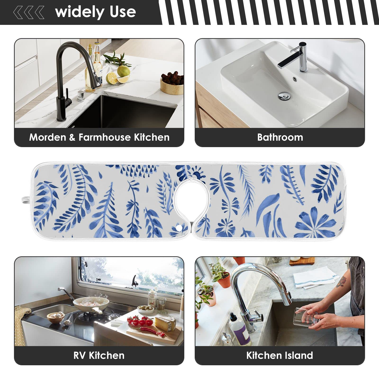2 Pack Faucet Absorbent Mat, Susiyo Blue Watercolor Floral Kitchen Sink Splash Guard Behind Faucet - 14.9X5.5Inch