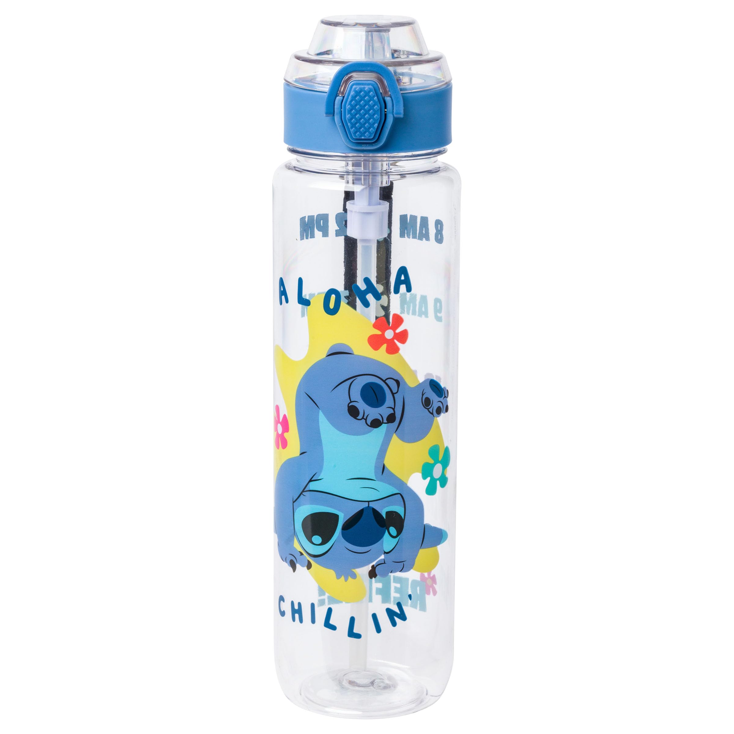 Silver Buffalo Disney Lilo And Stitch Aloha Chillin' Hydration Tracker Schedule Plastic Water Bottle With Locking Lid And Strap,