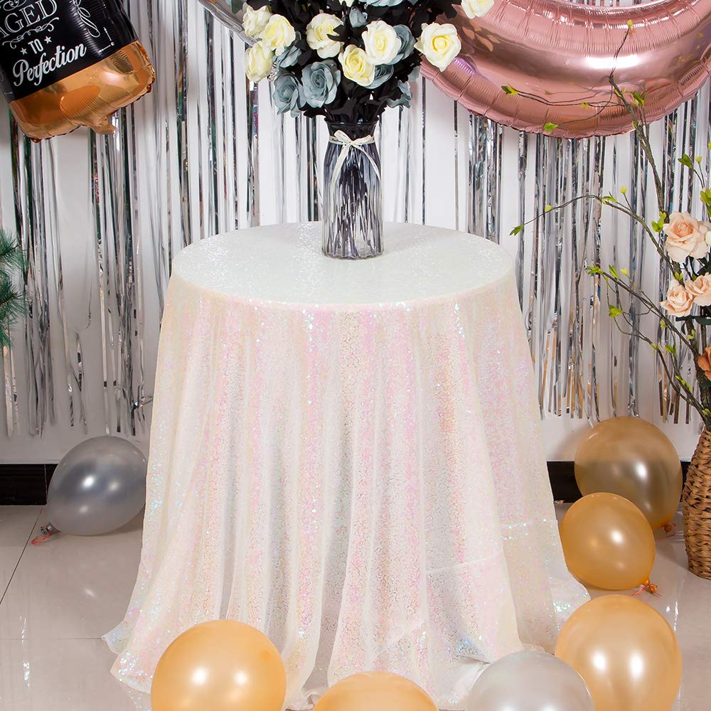 Jyflzq White Iridescent Sequin Tablecloth 90'' Round Sparkly Drape Table Cloths Table Cover Overlay For Wedding Birthday Party B