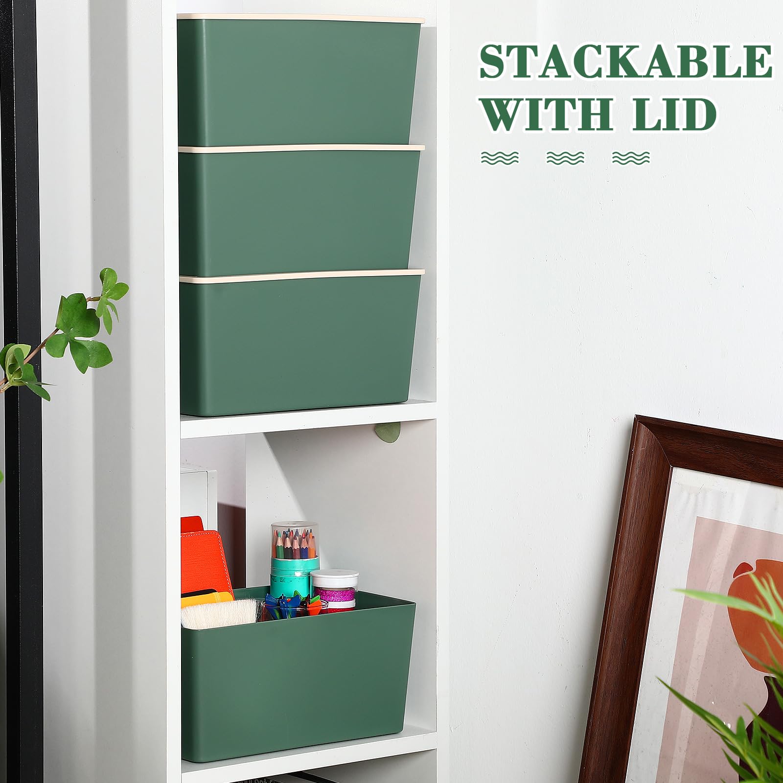 Menkxi 4 Pcs Storage Bins With Lids Plastic Storage Containers Stackable Storage Box Baskets For Organizing Shelves (Green,Small