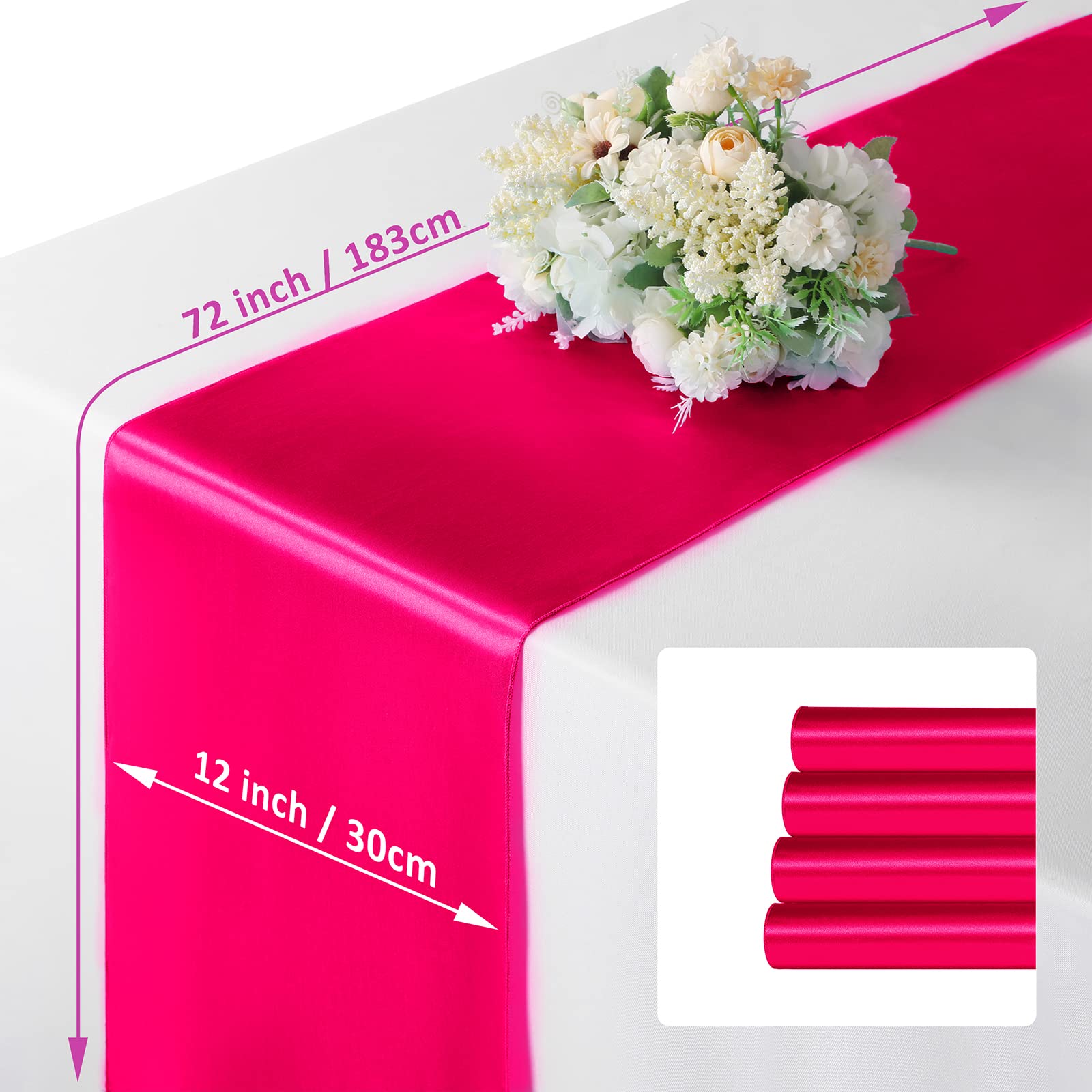Manyshofu 4Pcs Satin Hot Pink Table Runner - 12 x 72 Inch Long Size  Party Table Runner Decor Bright & Smooth Wedding Decorations Table Runner for Banquet Chef Birthday Buffet Dinner Graduations