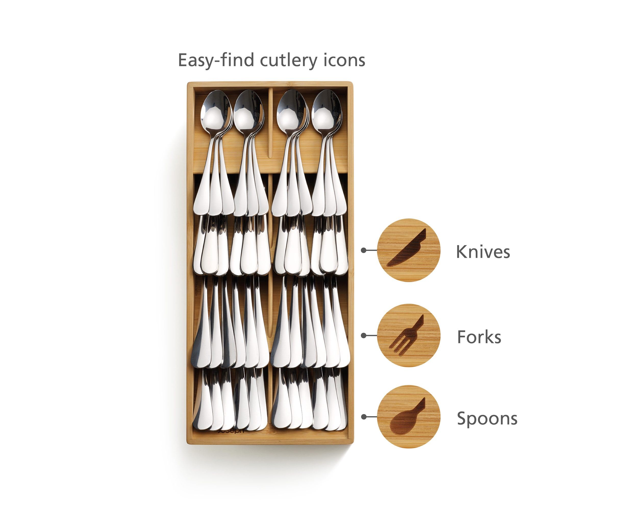 Joseph Joseph Drawer Store - Large Compact Cutlery Drawer Organizer, 8 Compartments, Holds 48 Pieces, Bamboo