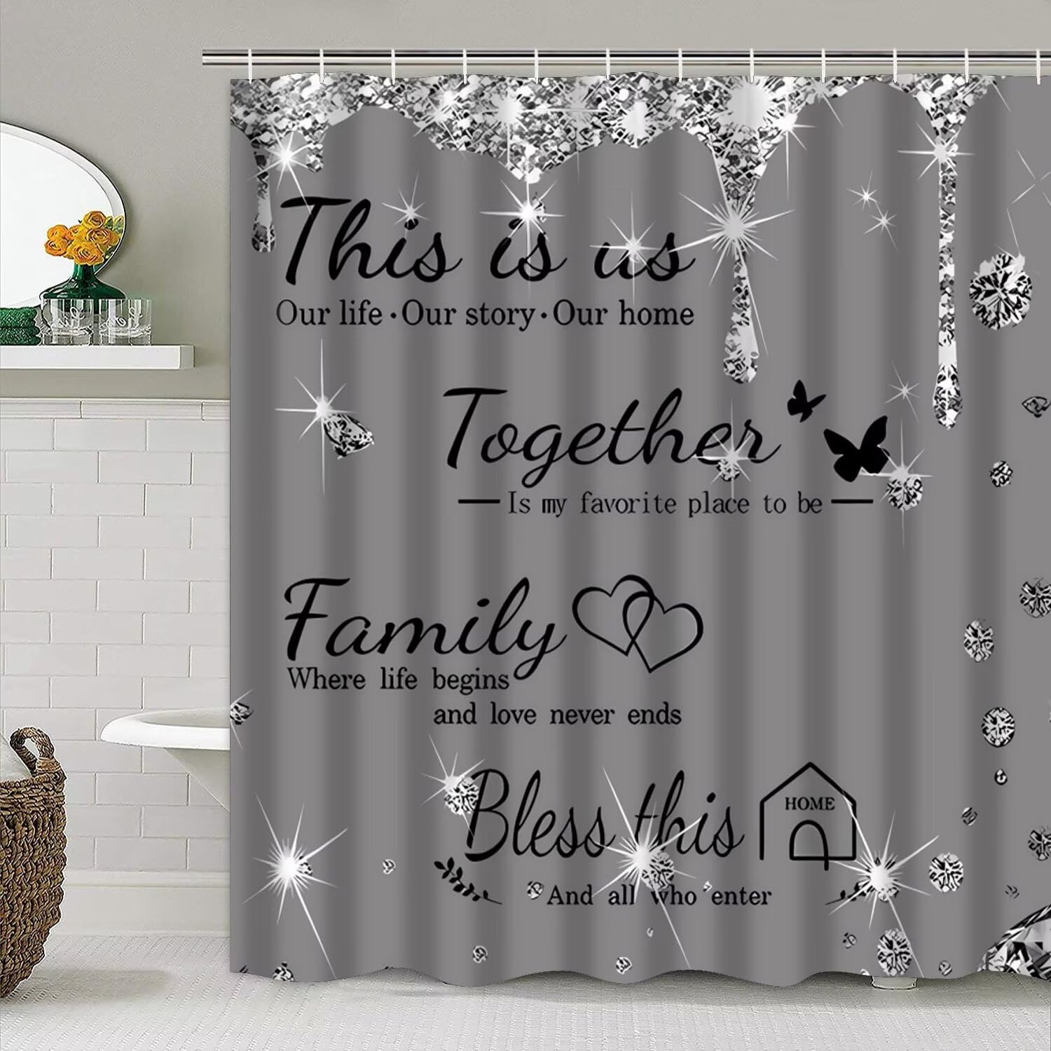 Azhm Sparkling Diamond Letter Printed Shower Curtain Set For Bathroom 4 Pcs Family Bathroom Accessory Decor Sets With Shower Cur