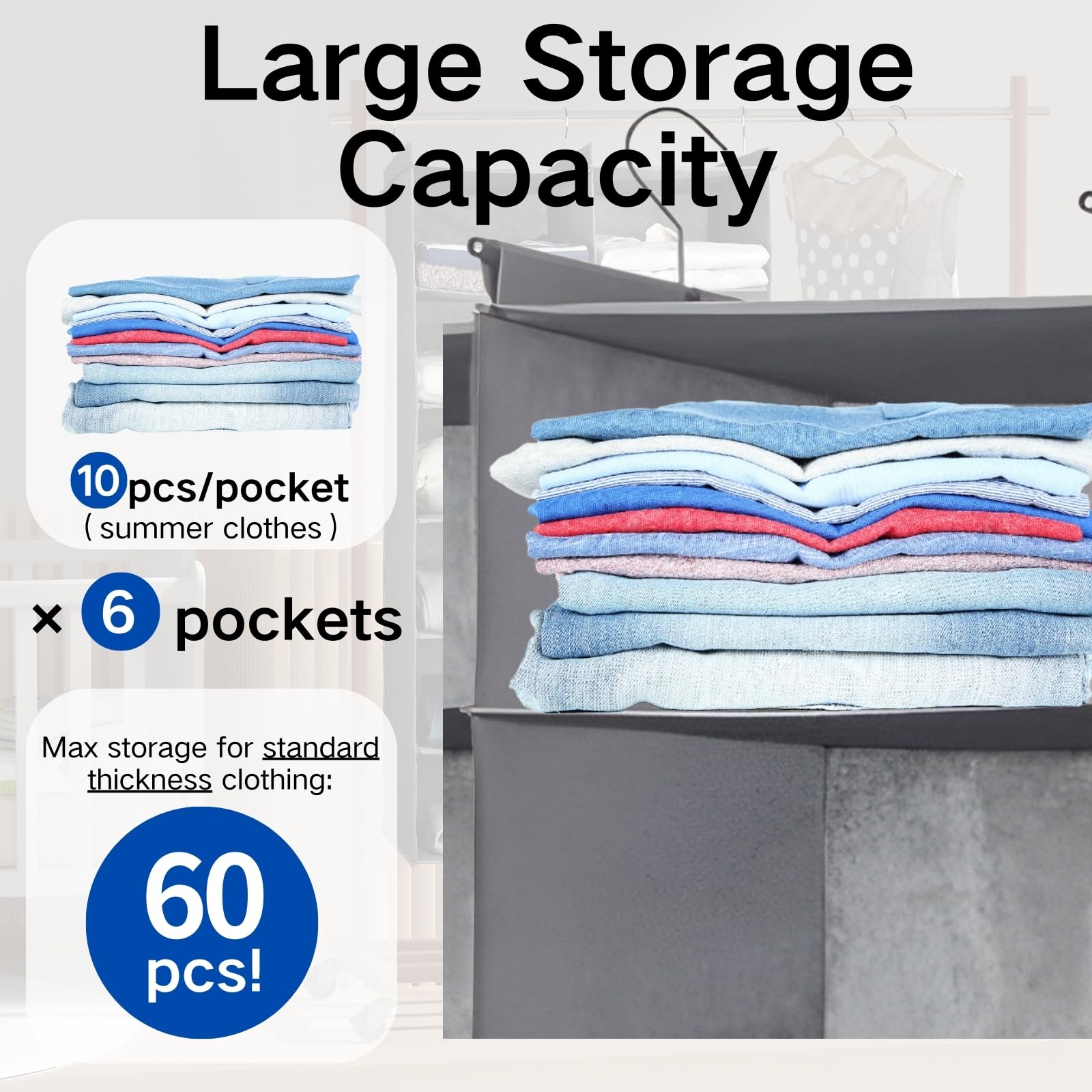 Alltidyup Dual-Row 3 Tier Shelf Hanging Closet Organizers And Storage, 6 Pockets Clothes Storage Shelves With 3 Sturdy Hooks For