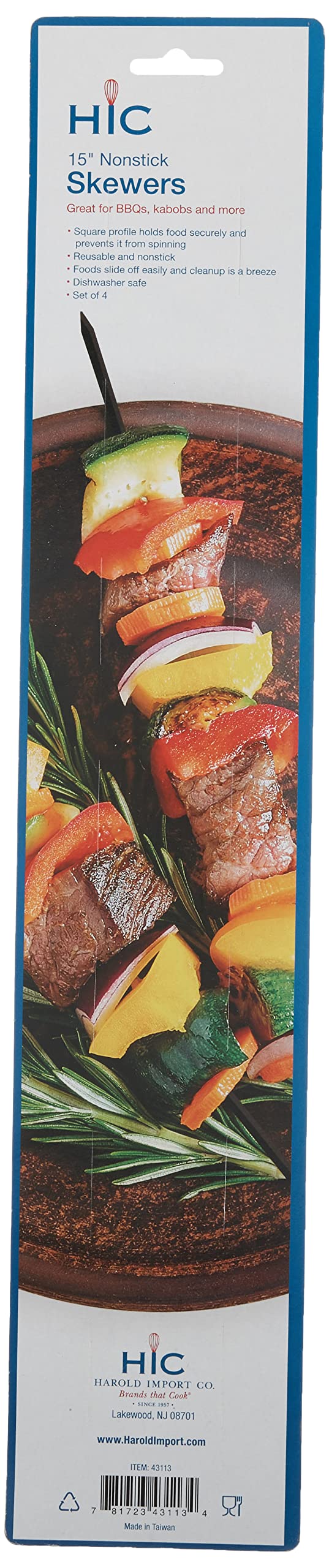Hic Kitchen Reusable Nonstick Barbecue And Grilling Shish Kabob Skewers With Ring-Handle Top, 15-Inches Long, Set Of 4