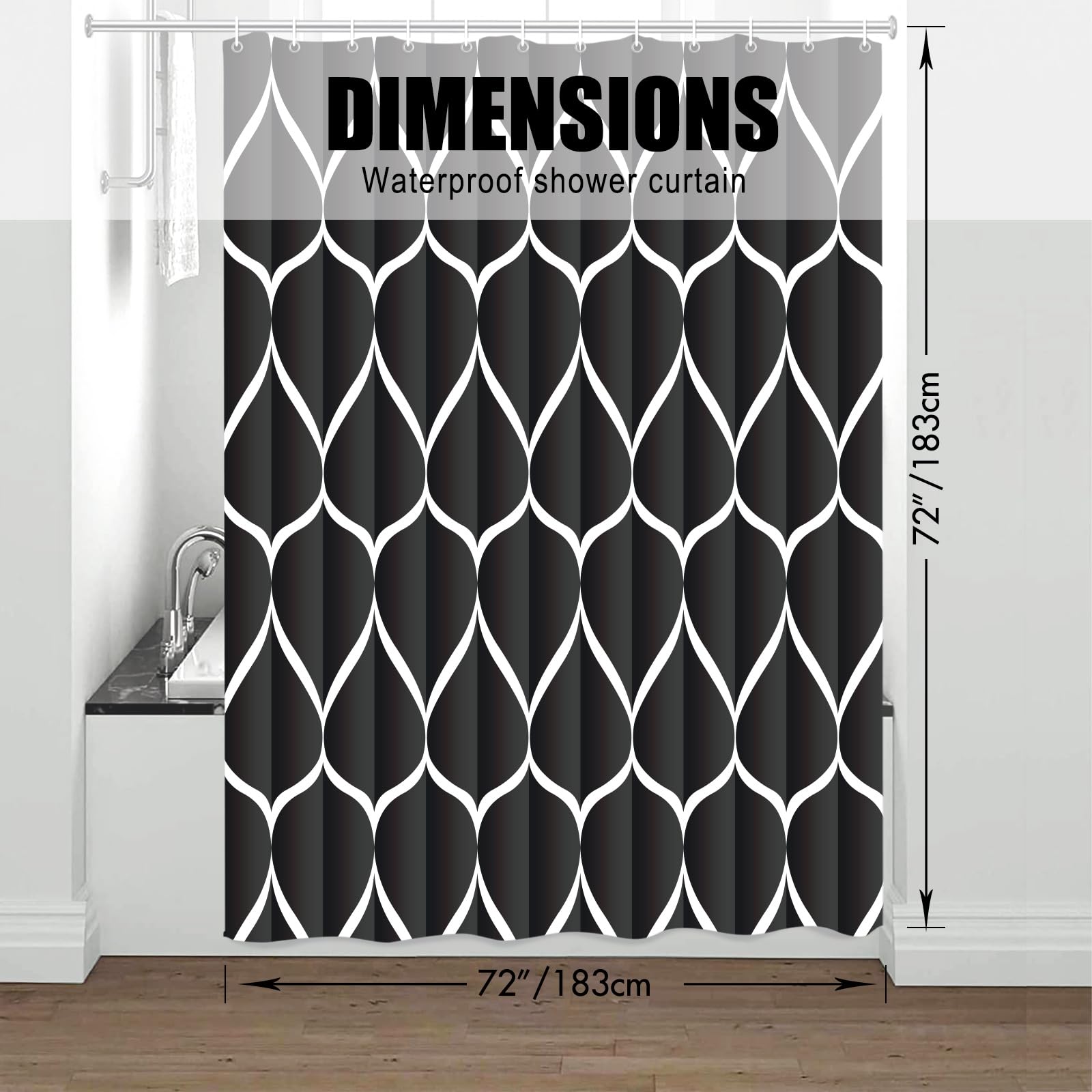 Gelbchu Black 72 X 72 Inch Cloth Shower Curtain, Waterproof Design And Polyester, Quick-Drying, Heavy Duty Shower Curtains Set F