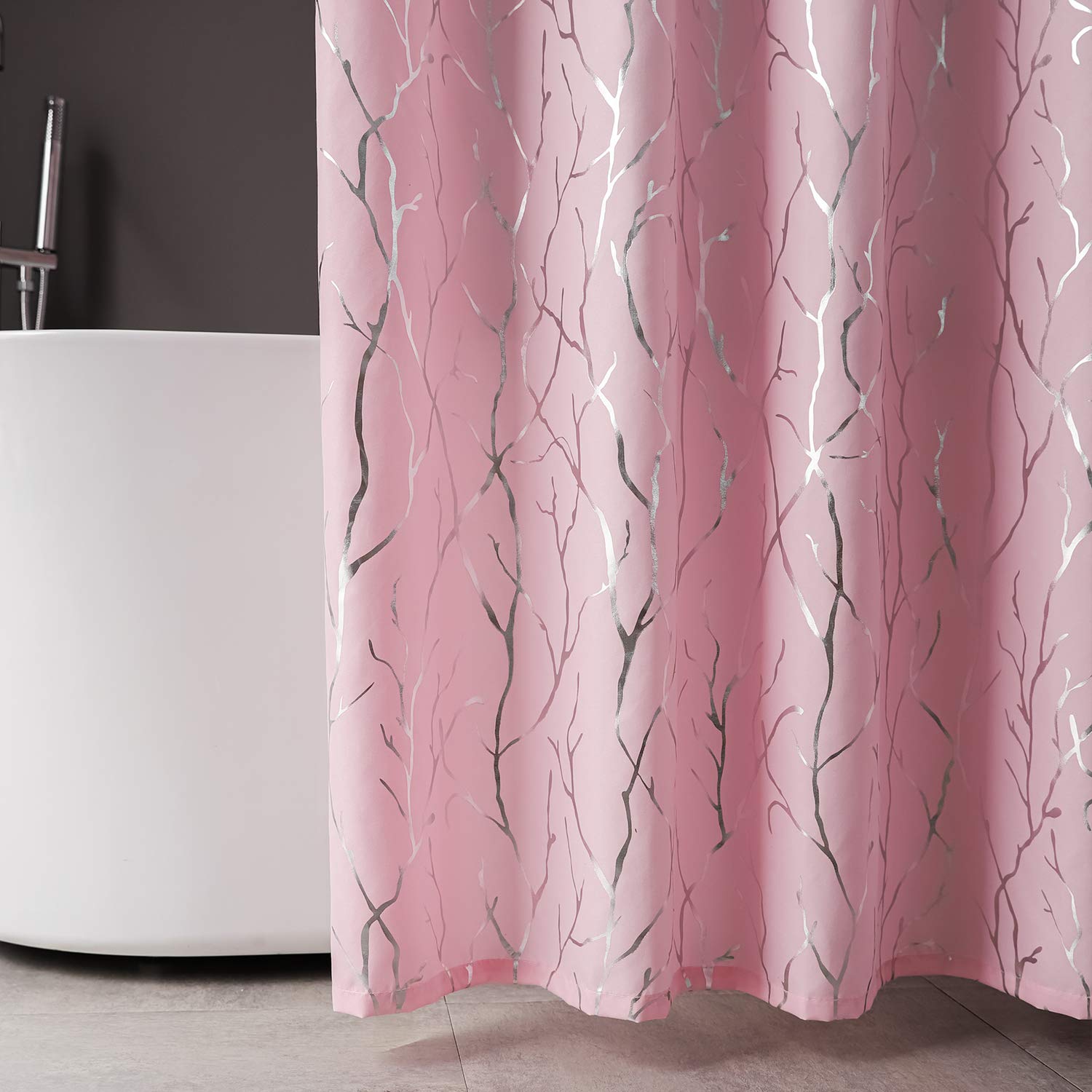 Finecity Pink Artistic Shower Curtain Set - Metallic Silver Foil Tree Branch Pattern Print Grommet Shower Curtain With 12 Hooks