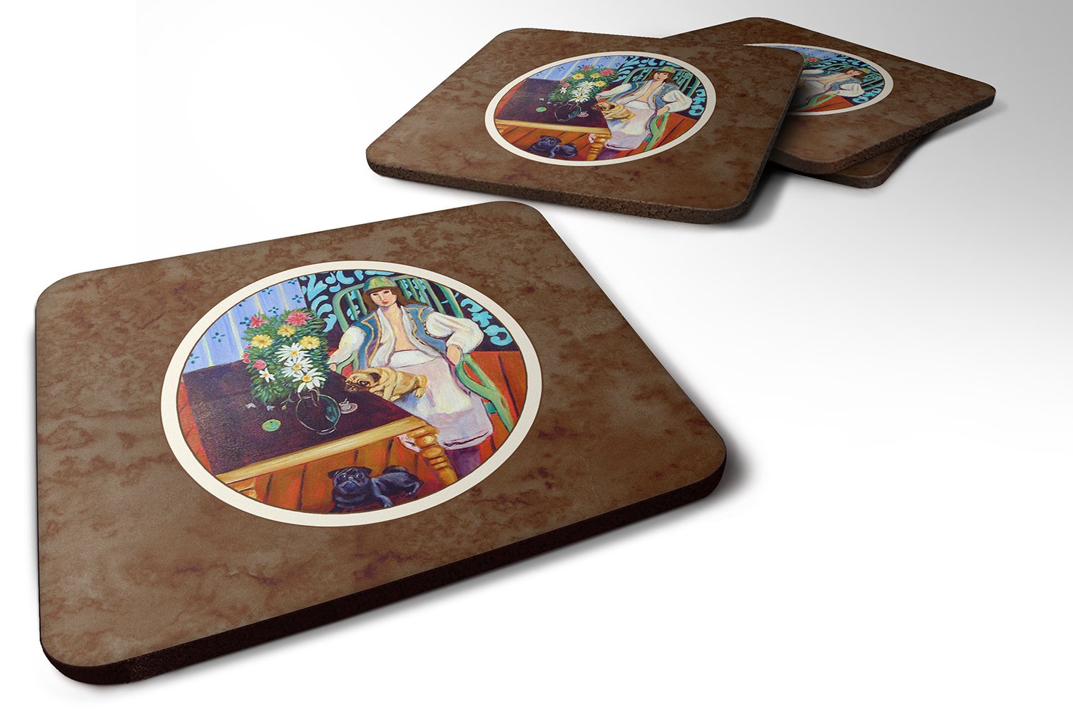 Carolines Treasures Lady With Her Pug Foam Coasters (Set of 4), 3.5, Multicolor