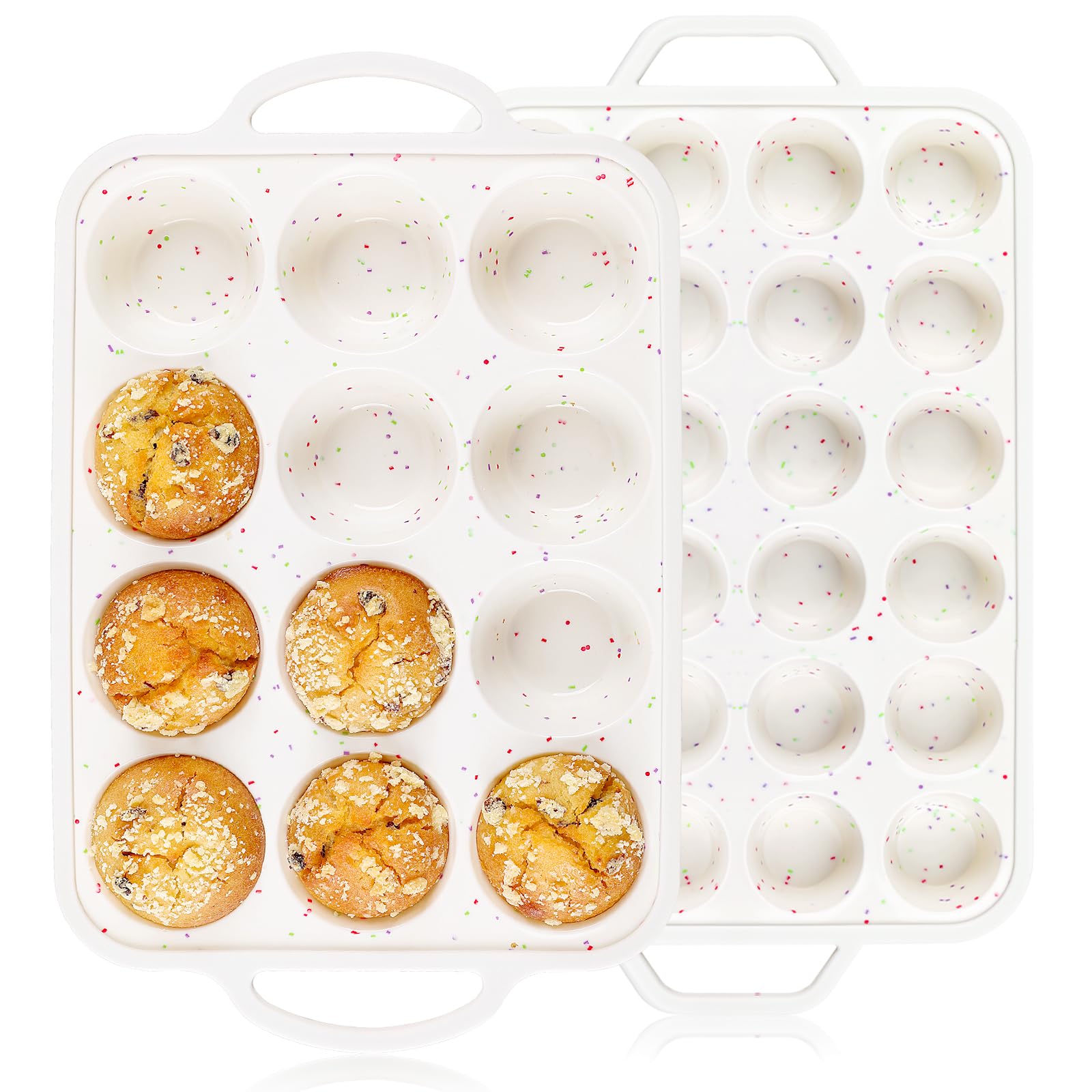 Vinino 2Pack Silicone Muffin Pan for Baking with Metal Reinforced Frame, Regular 12 Cup and Mini 24 Cup Nonstick Cupcake Pan Set
