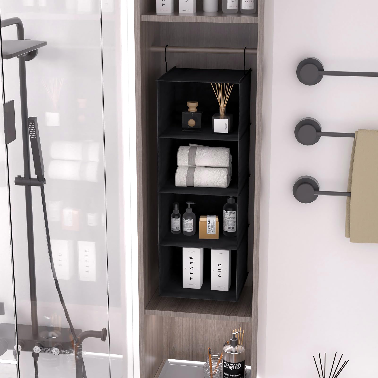 Donyeco Hanging Closet Organizer, Easy Mount Foldable 4-Shelf Hanging Closet Wardrobe Storage Shelves, Clothes Handbag Shoes Acc