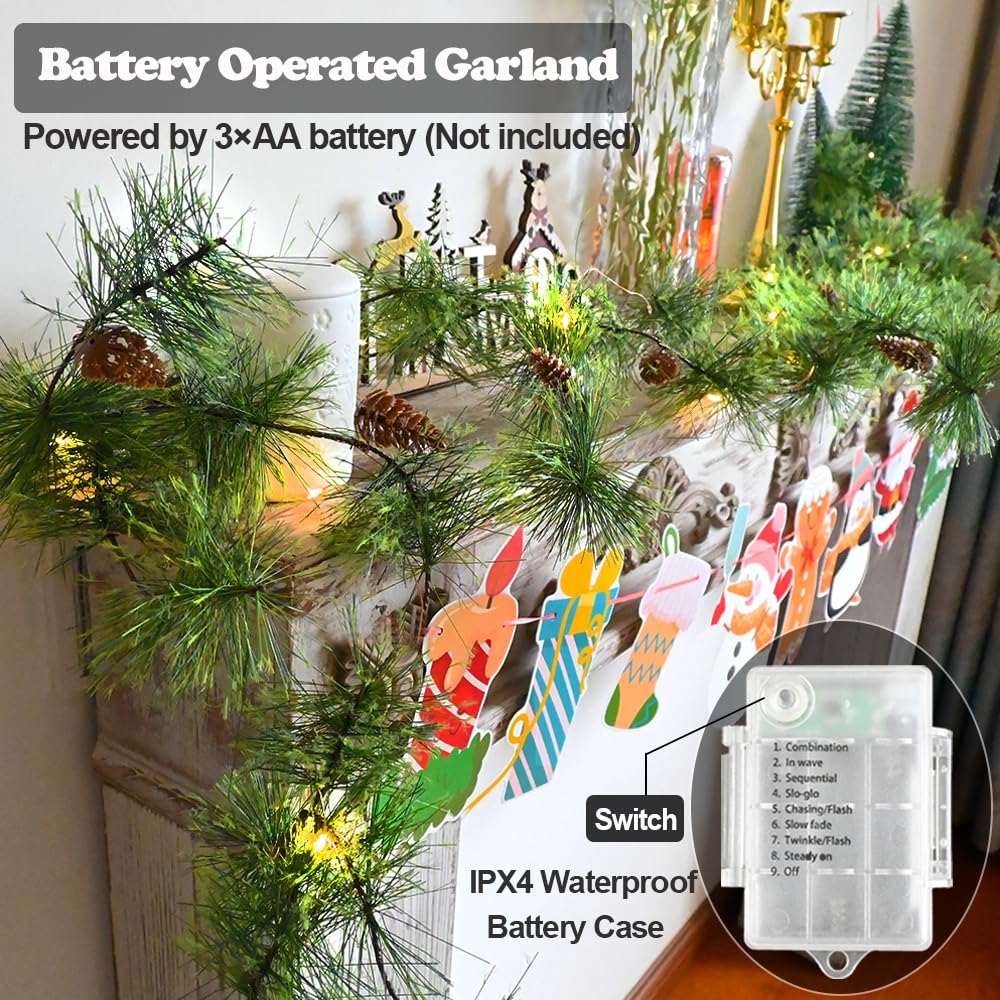 HamiFinee Christmas Garland with LED Fairy Lights 13FT Battery Operated Smokey Pine Garlands with 8 Flash Modes and Timer Pine C