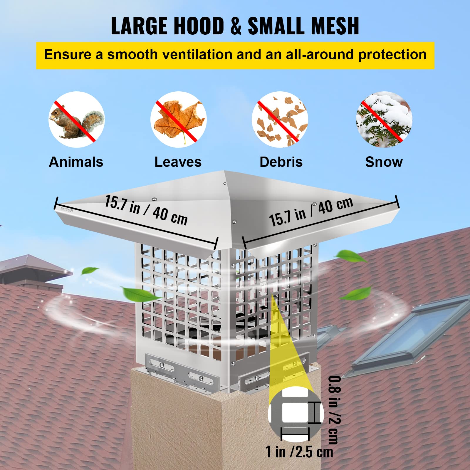 Vevor Chimney Cap, 8'' X 8'' Flue Caps, 304 Stainless Steel Fireplace Chimney Cover, Adjustable Metal Spark Arrestor With Bolts